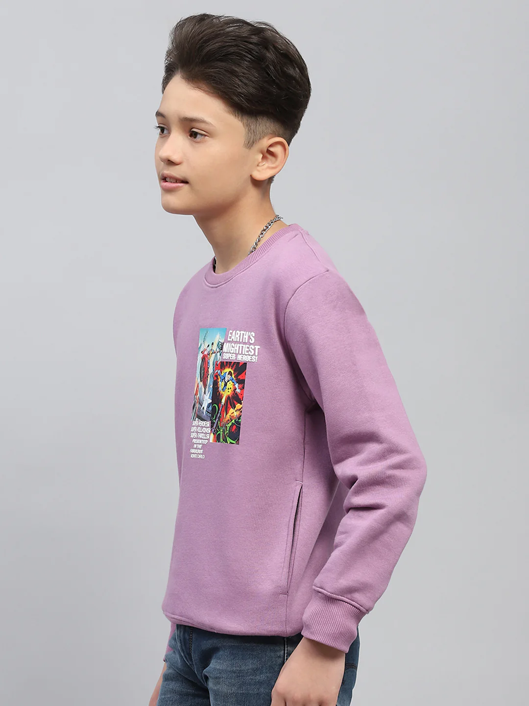 Boys Purple Printed Round Neck Full Sleeve Sweatshirt - Image 3