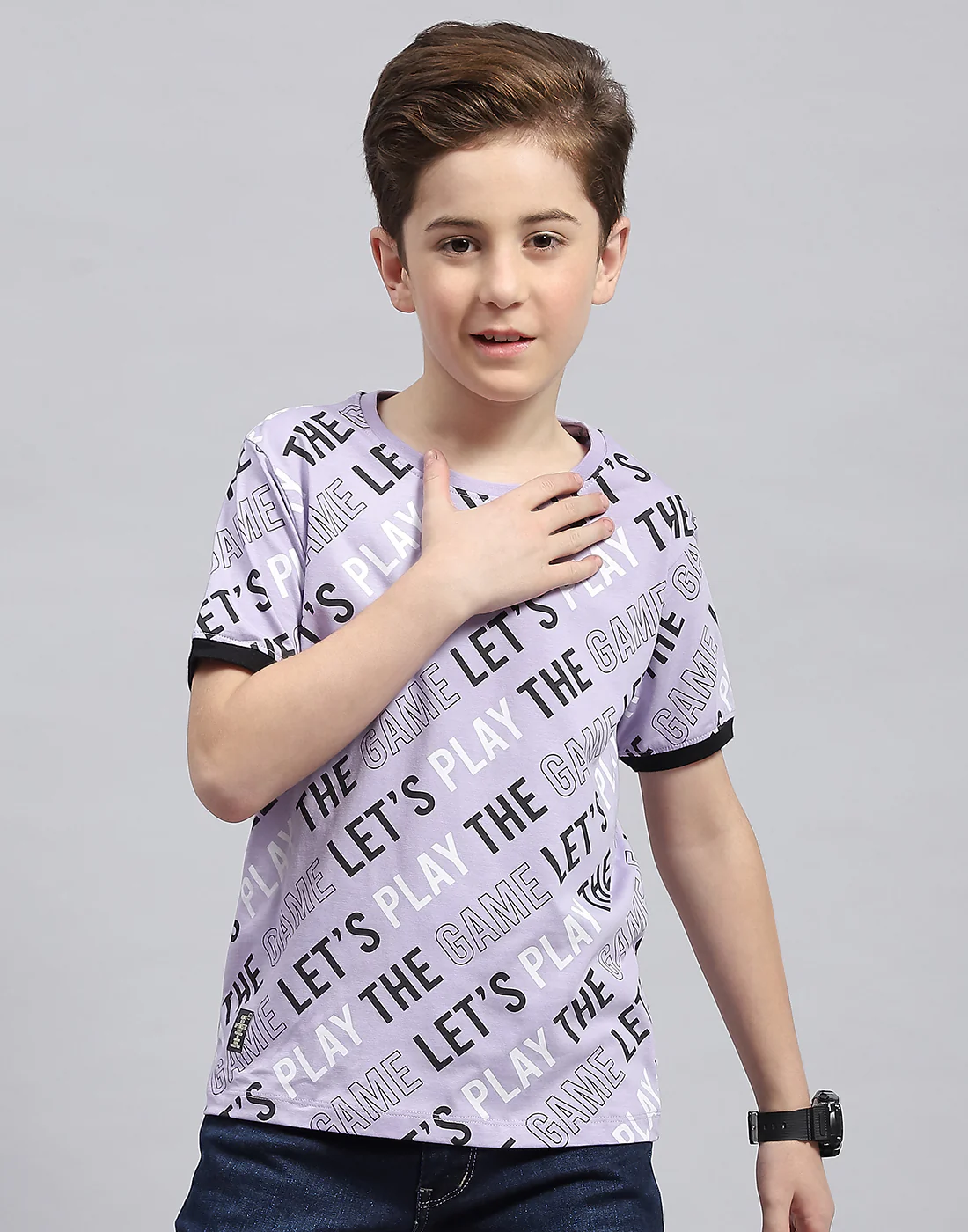 Boys Purple Printed Round Neck Half Sleeve T-Shirt - Image 2