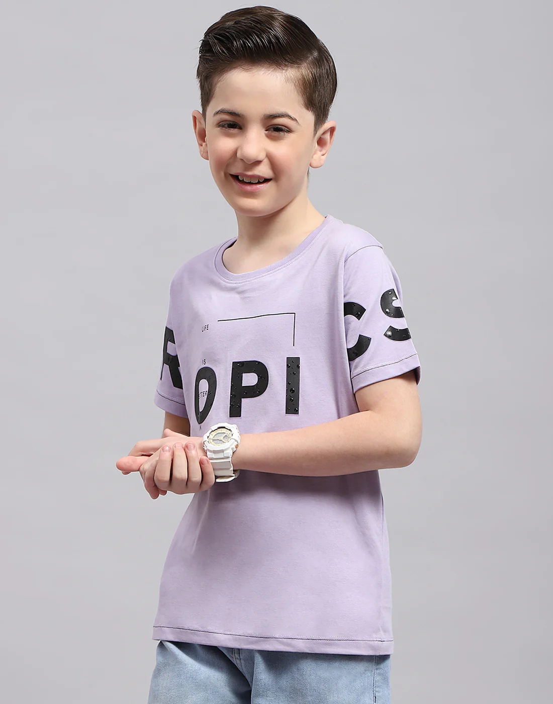 Boys Purple Printed Round Neck Half Sleeve T-Shirt - Image 3