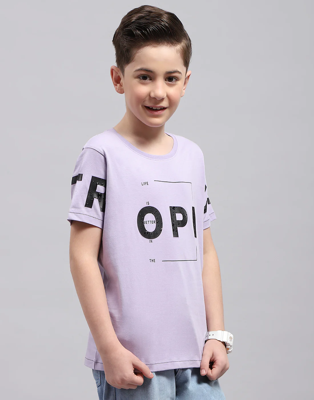Boys Purple Printed Round Neck Half Sleeve T-Shirt - Image 4