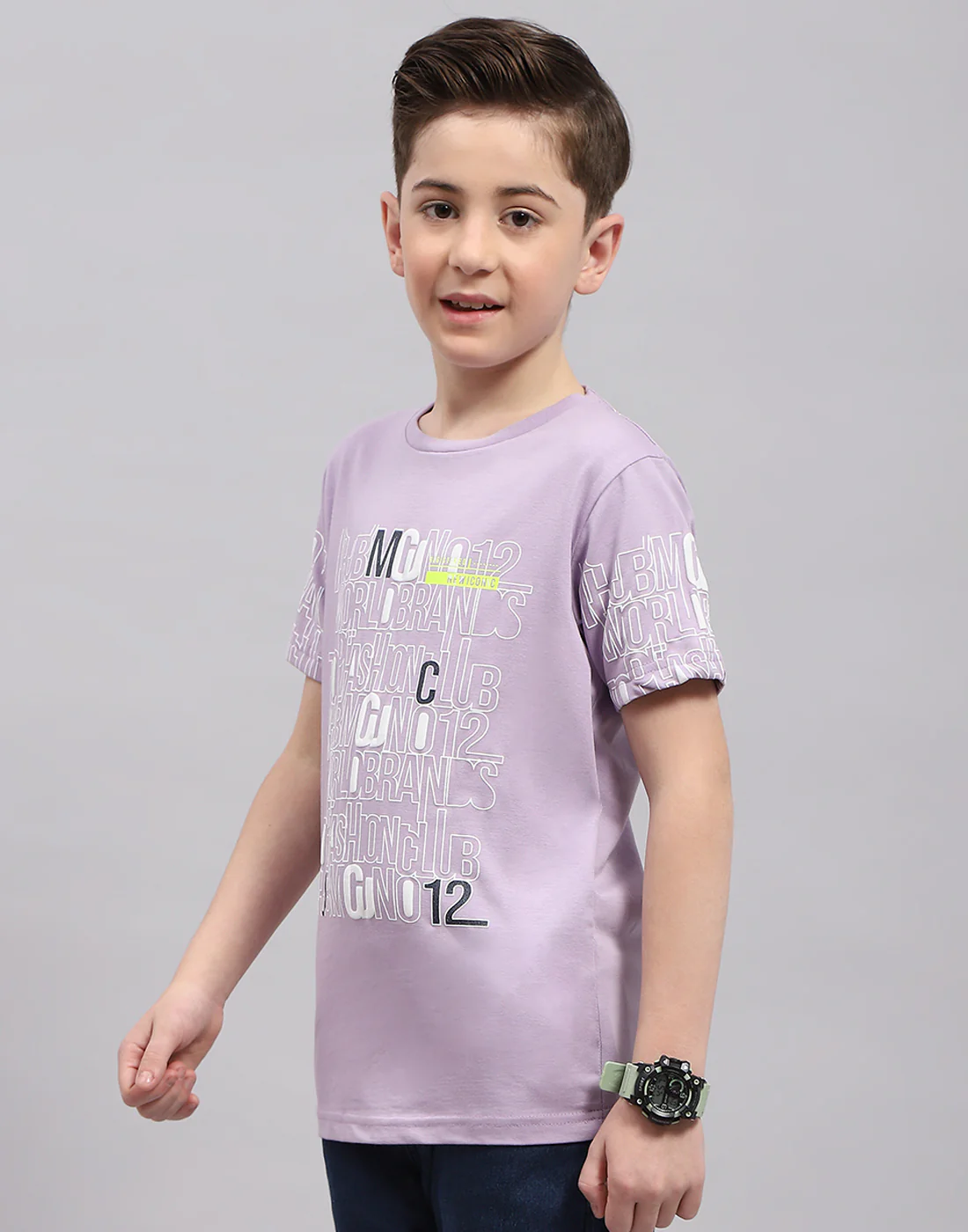 Boys Purple Printed Round Neck Half Sleeve T-Shirt - Image 3