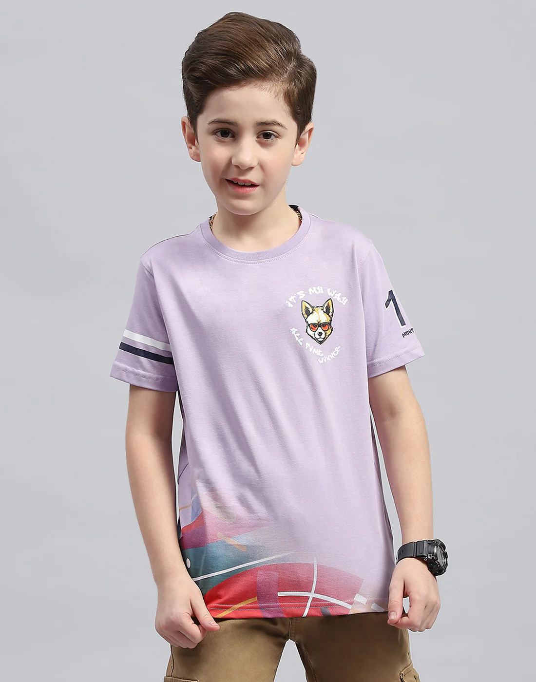 Boys Purple Printed Round Neck Half Sleeve T-Shirt - Image 2