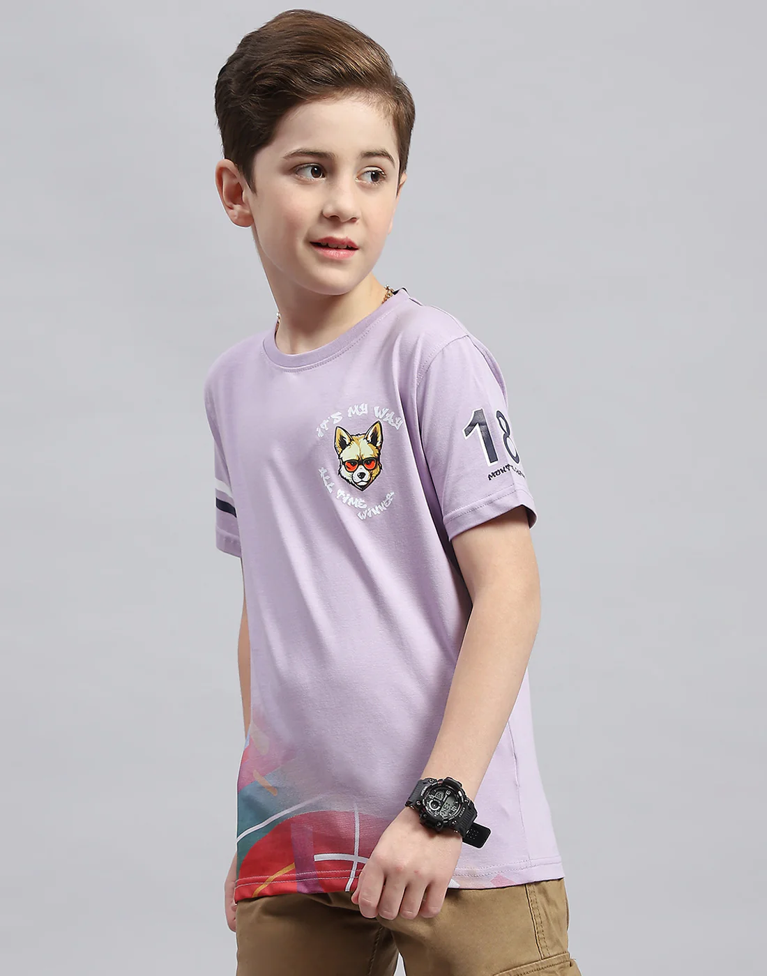 Boys Purple Printed Round Neck Half Sleeve T-Shirt - Image 3