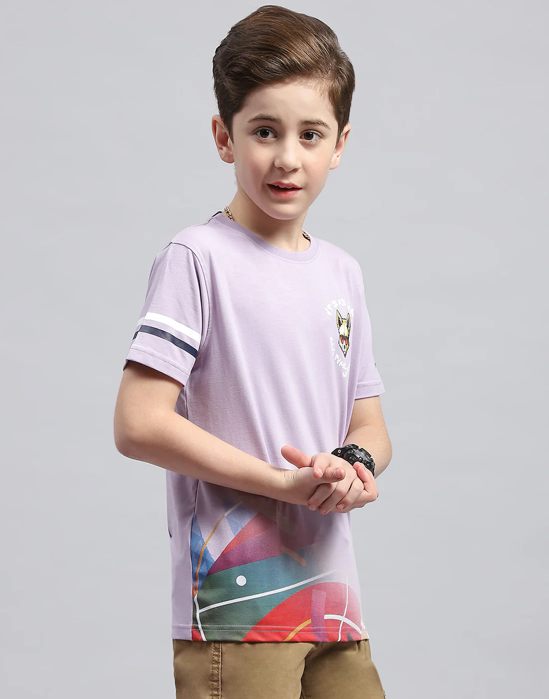 Boys Purple Printed Round Neck Half Sleeve T-Shirt - Image 4