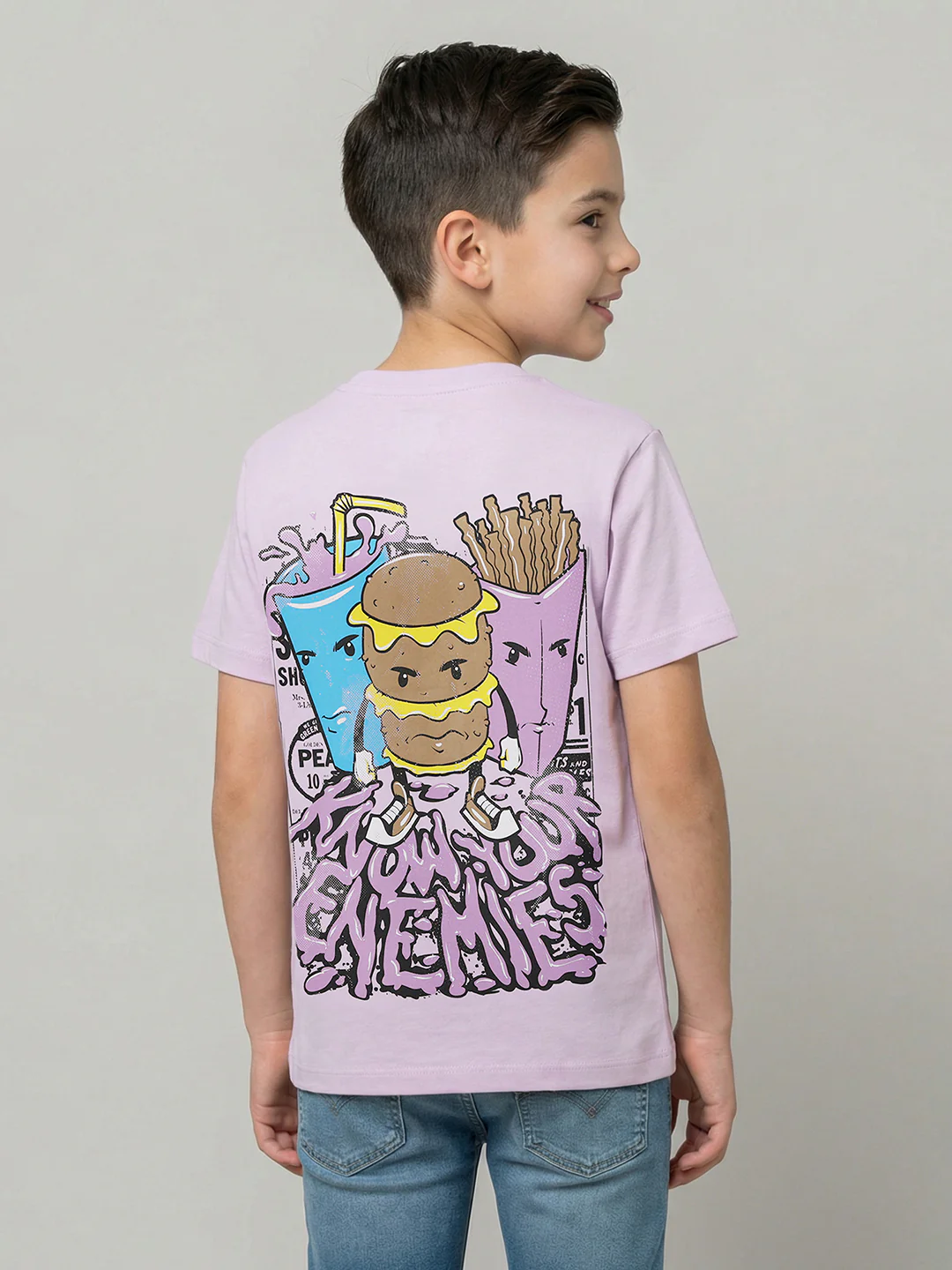Boys Purple Printed Round Neck Half Sleeve T-Shirt - Image 4