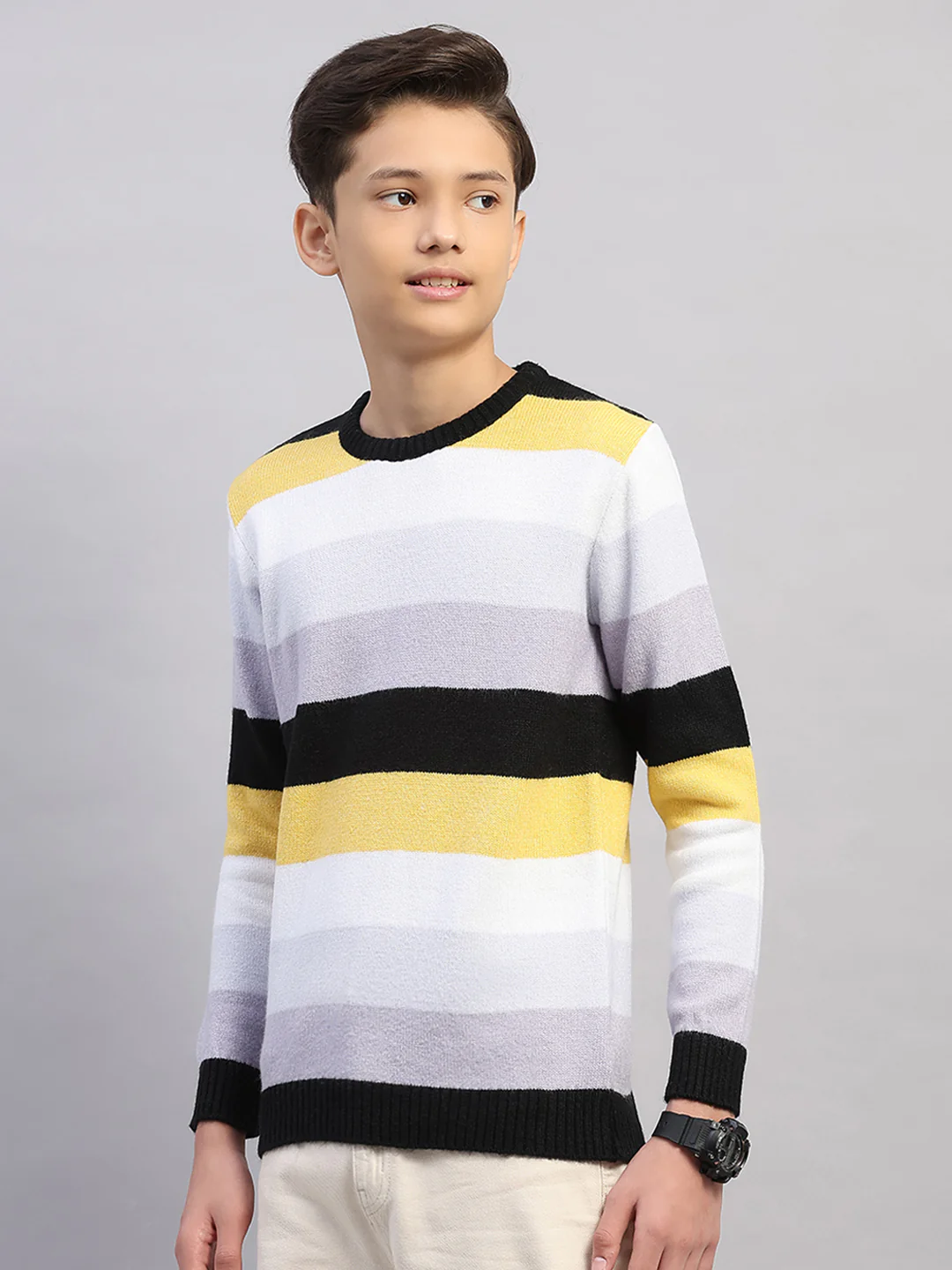 Boys Purple Stripe Round Neck Full Sleeve Pullover - Image 3