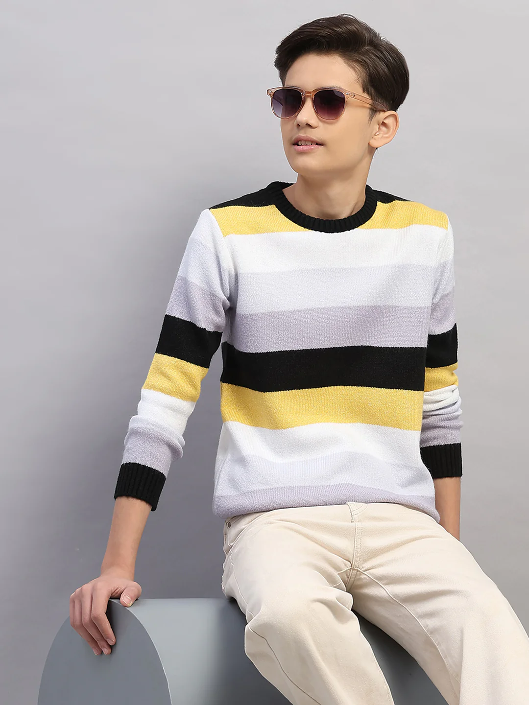 Boys Purple Stripe Round Neck Full Sleeve Pullover - Image 6