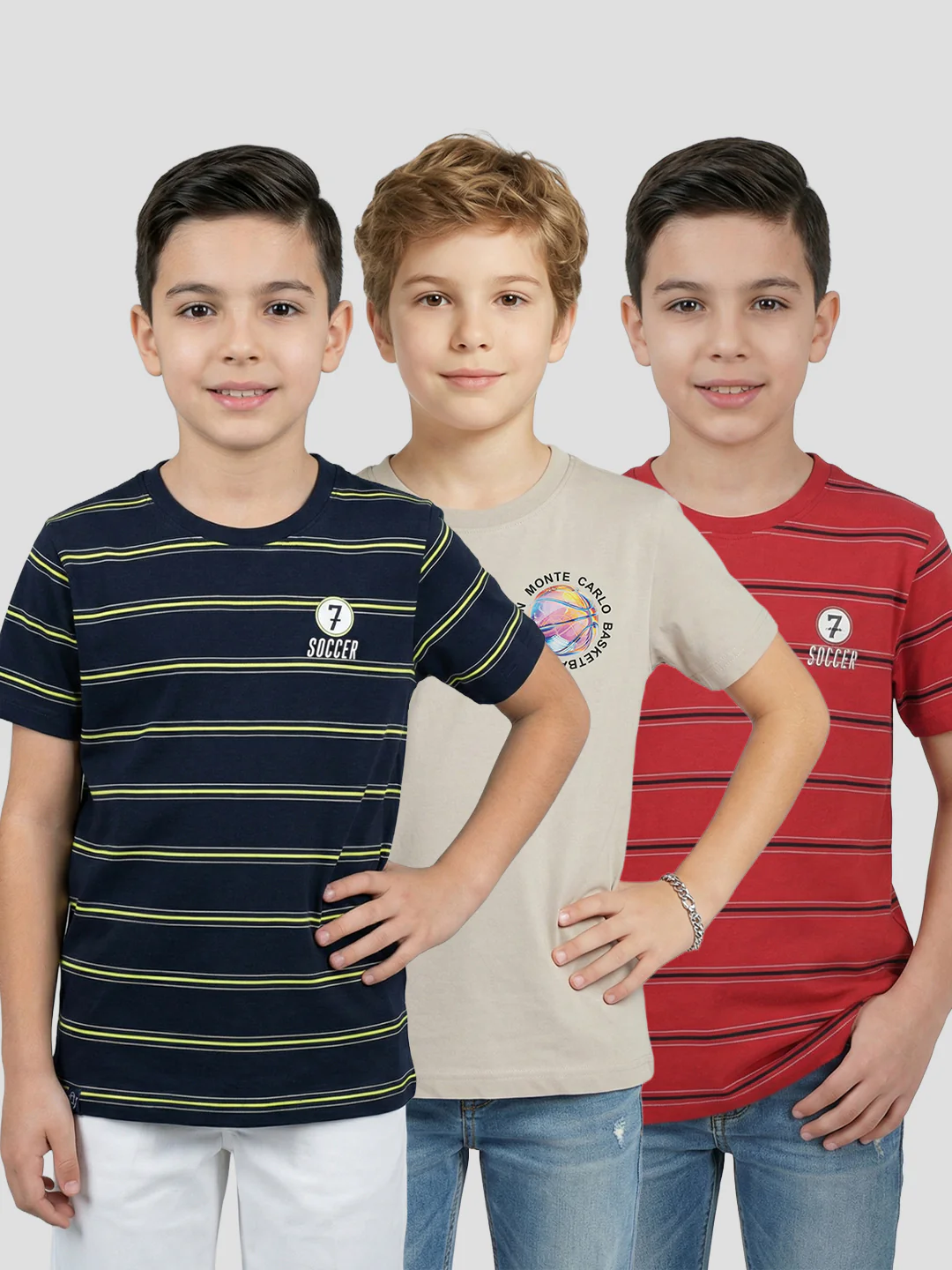 Boys Red, Beige & Navy Blue Printed Round Neck Half Sleeve T-Shirt (Pack of 3)