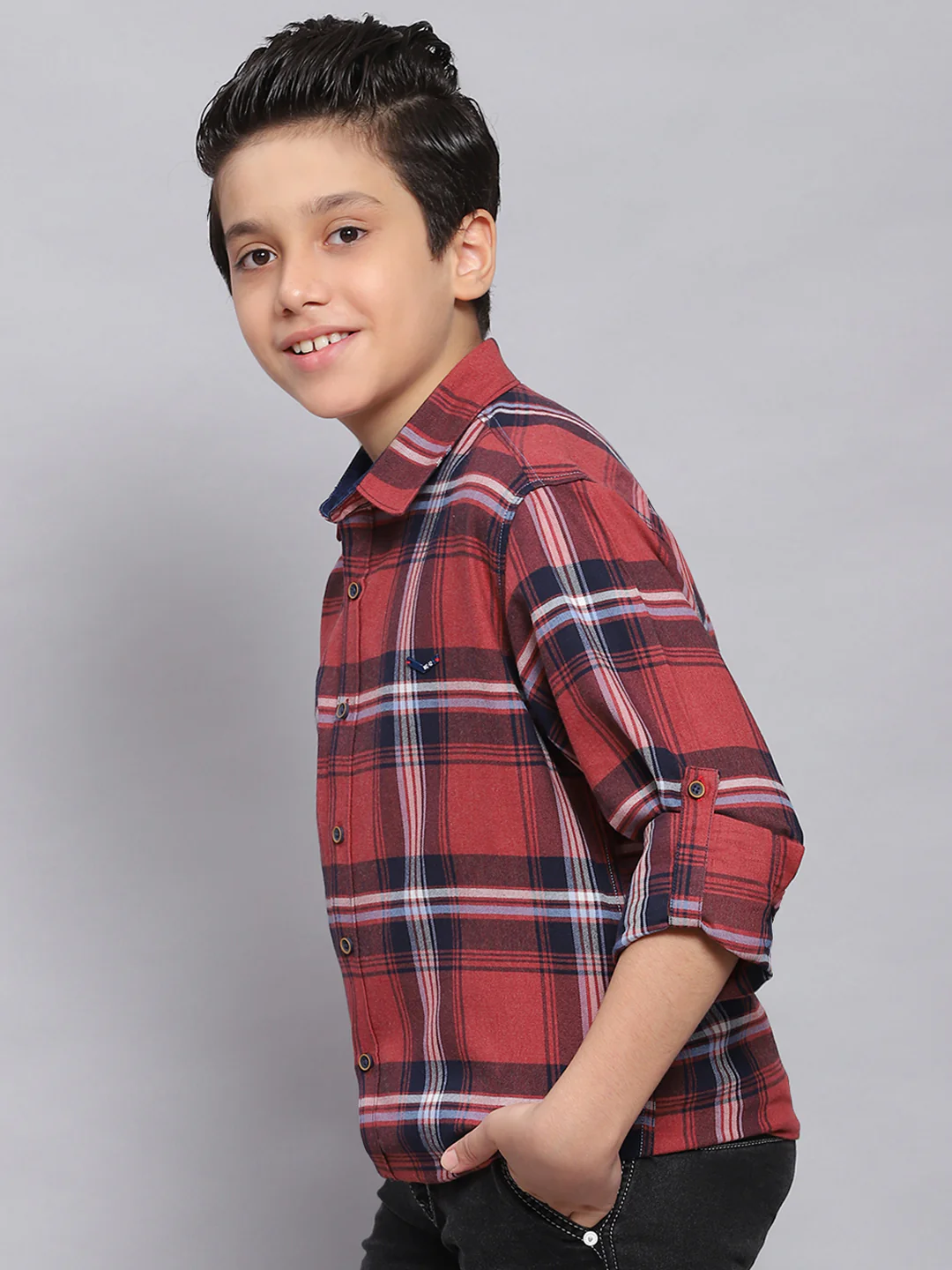 Boys Red Check Spread Collar Full Sleeve Shirts - Image 3