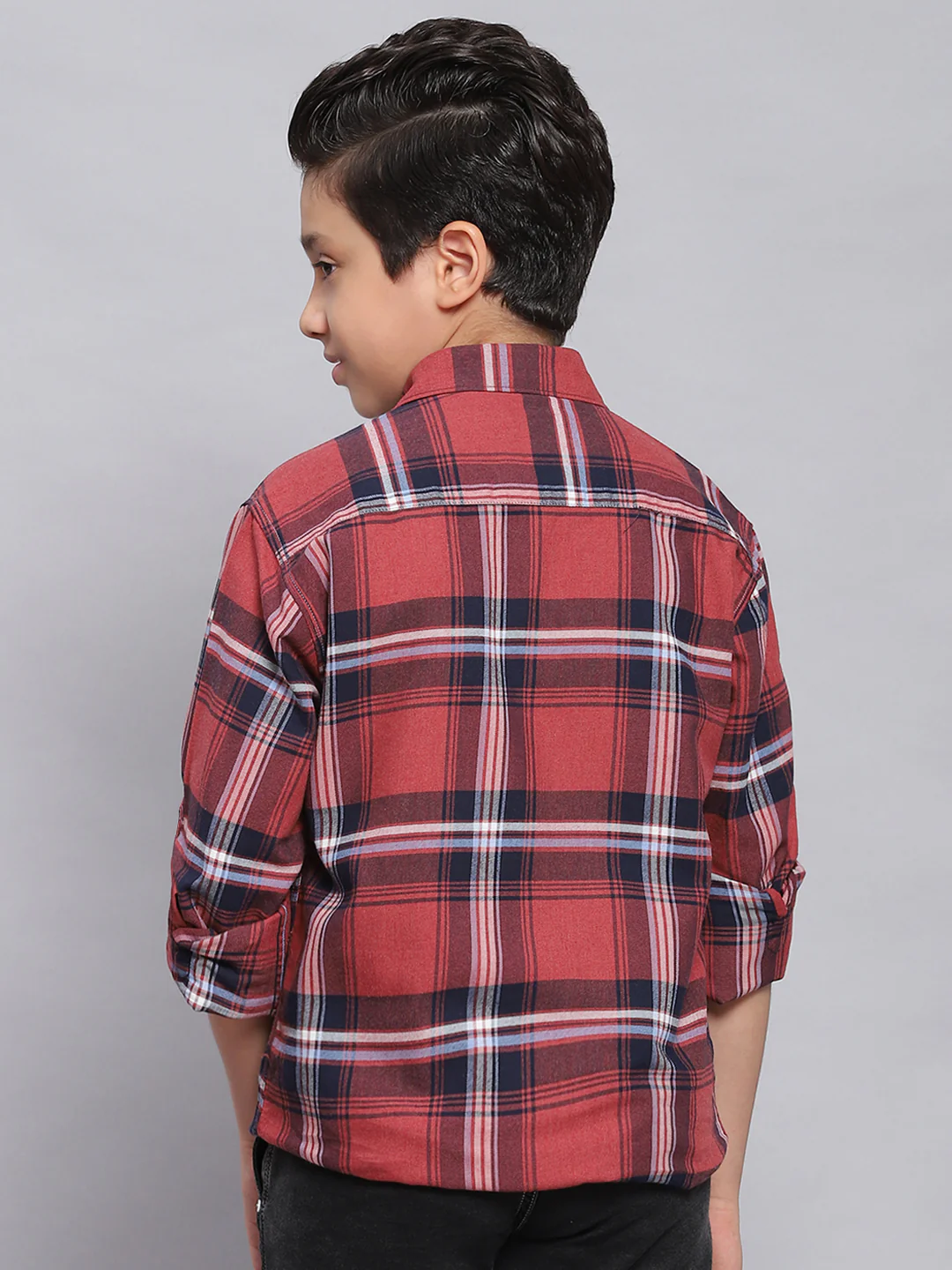 Boys Red Check Spread Collar Full Sleeve Shirts - Image 5