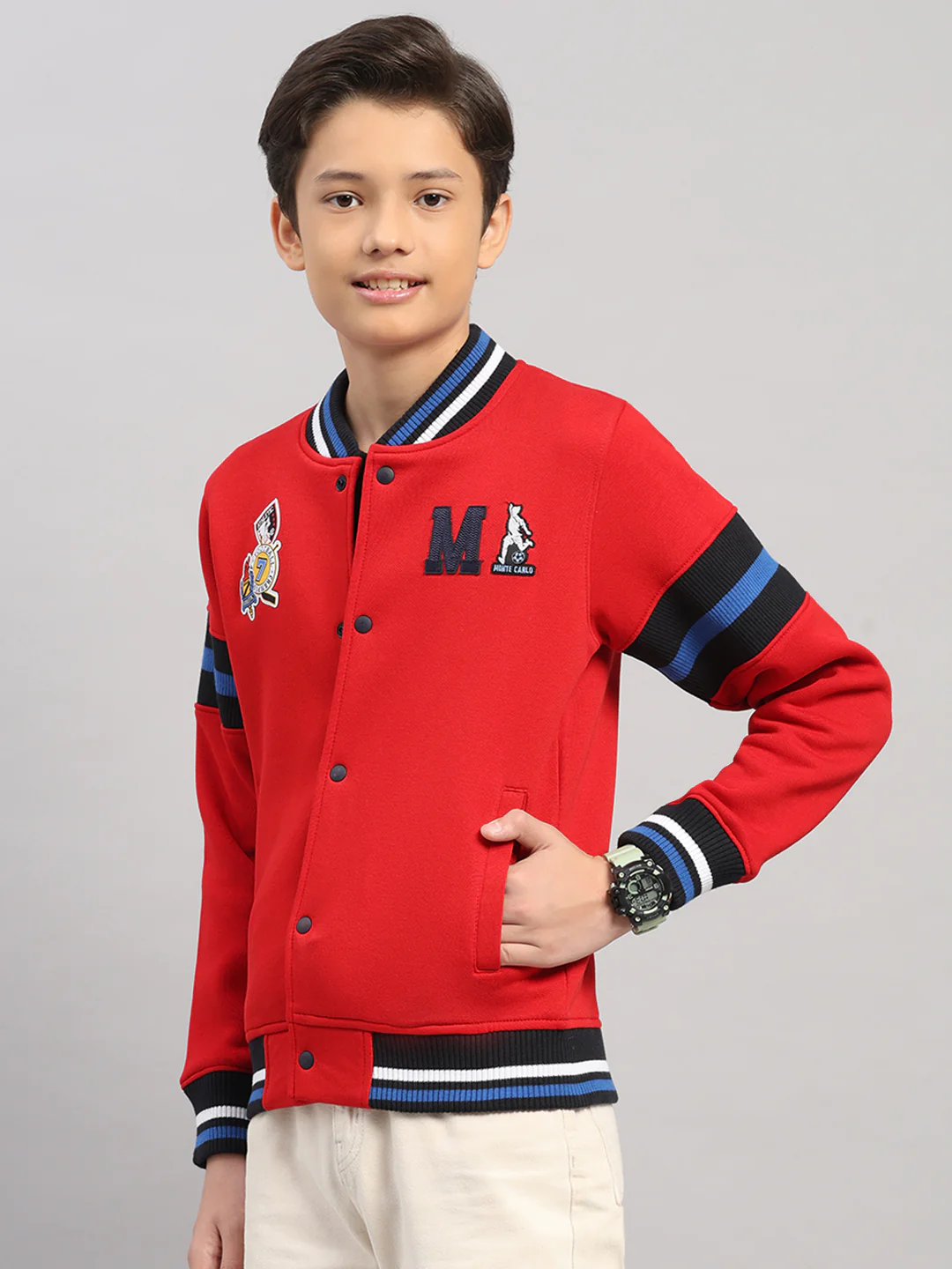 Boys Red Embroidered Round Neck Full Sleeve Sweatshirt - Image 3