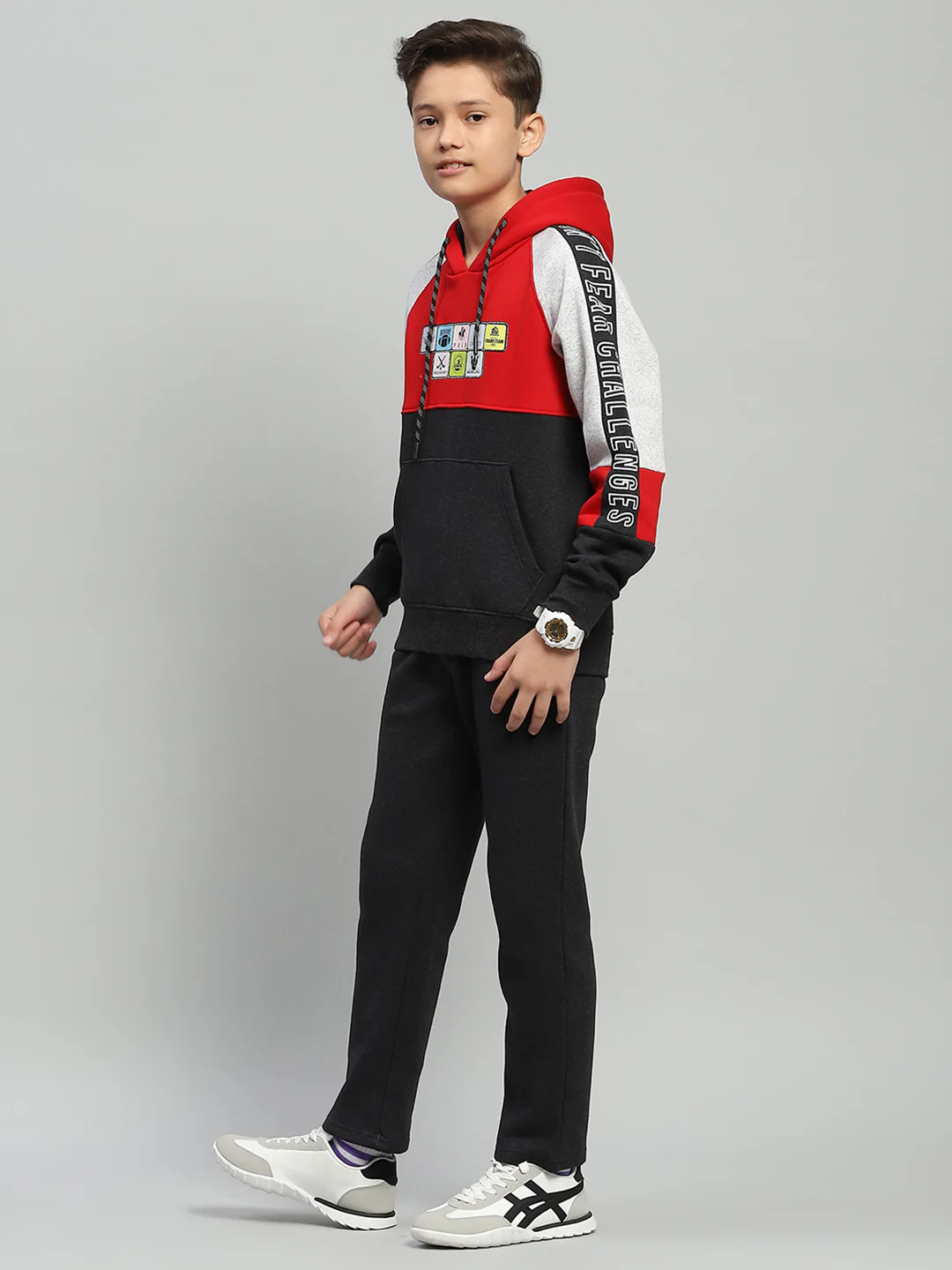 Boys Red & Grey Printed Hooded Full Sleeve Tracksuit - Image 3