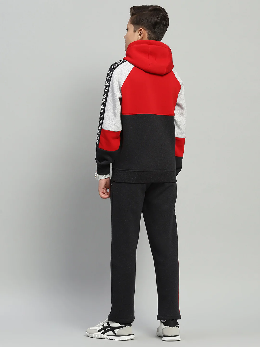Boys Red & Grey Printed Hooded Full Sleeve Tracksuit - Image 5