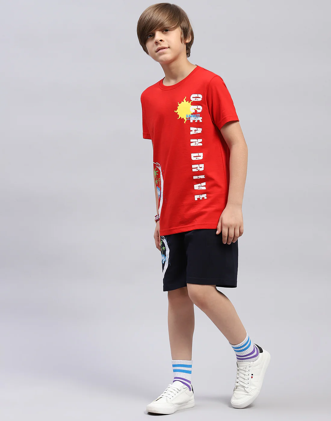Boys Red & Navy Blue Printed Round Neck Half Sleeve Bermuda Set - Image 3