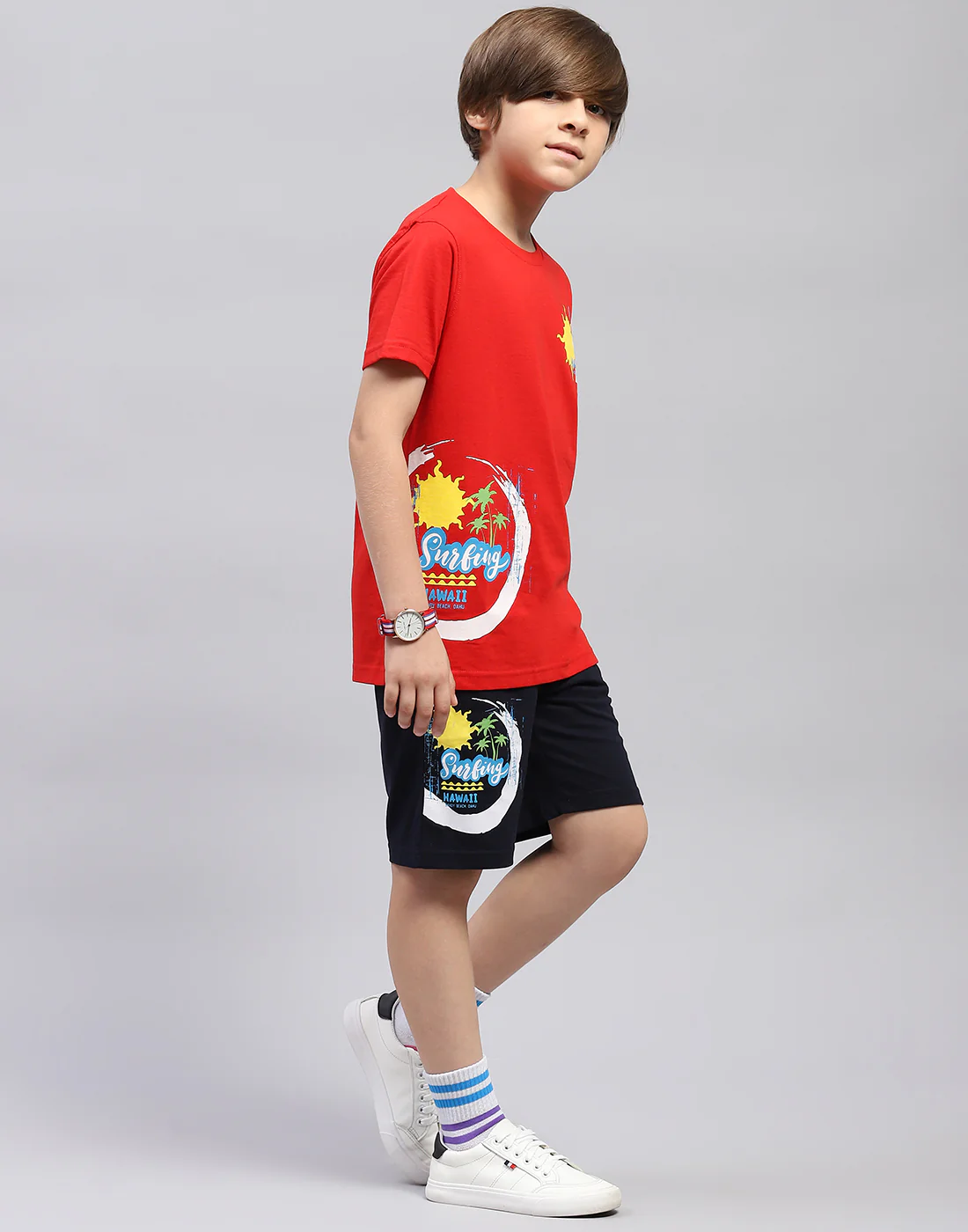 Boys Red & Navy Blue Printed Round Neck Half Sleeve Bermuda Set - Image 4