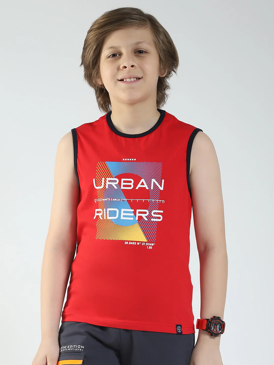 Boys Red & Off White Printed Round Neck Sleeveless T-Shirt (Pack of 2) - Image 3