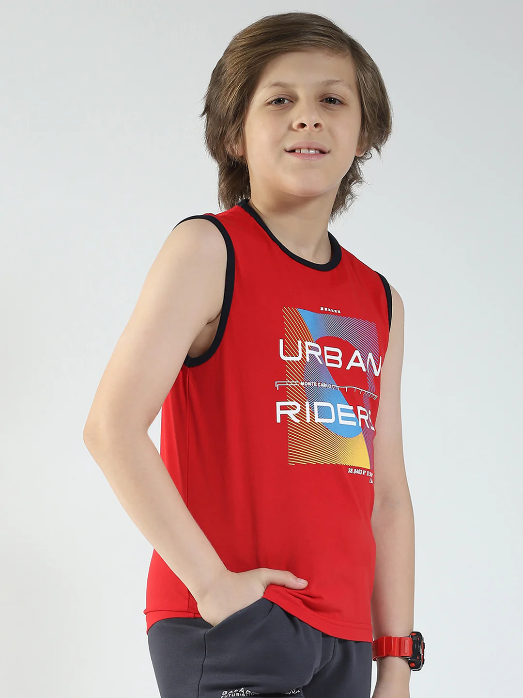 Boys Red & Off White Printed Round Neck Sleeveless T-Shirt (Pack of 2) - Image 5