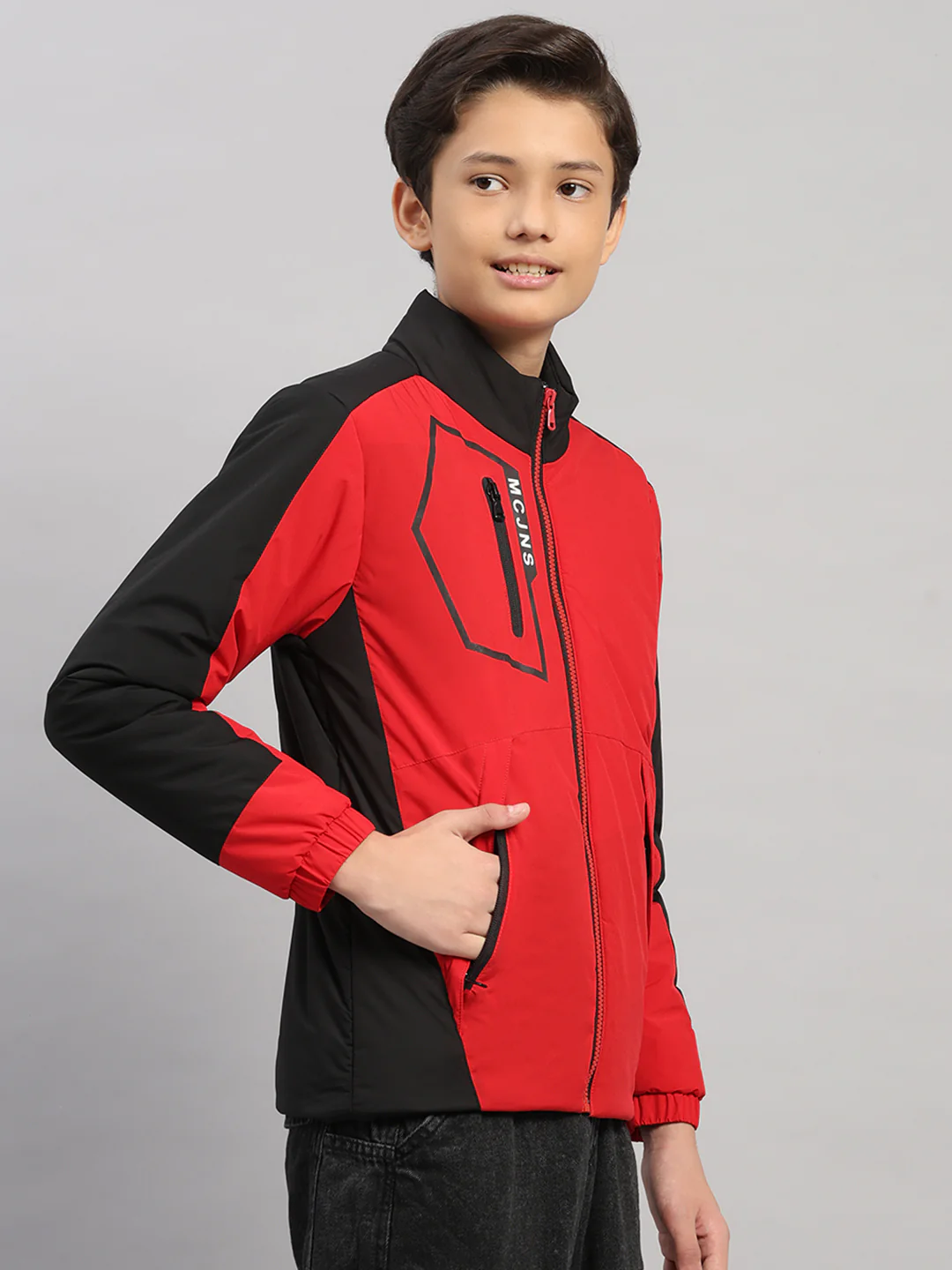 Boys Red Printed Collar Full Sleeve Jacket - Image 4