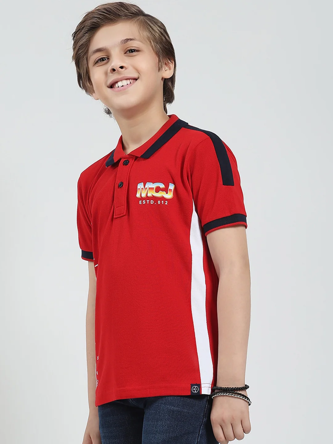 Boys Red Printed Collar Half Sleeve T-Shirt - Image 3