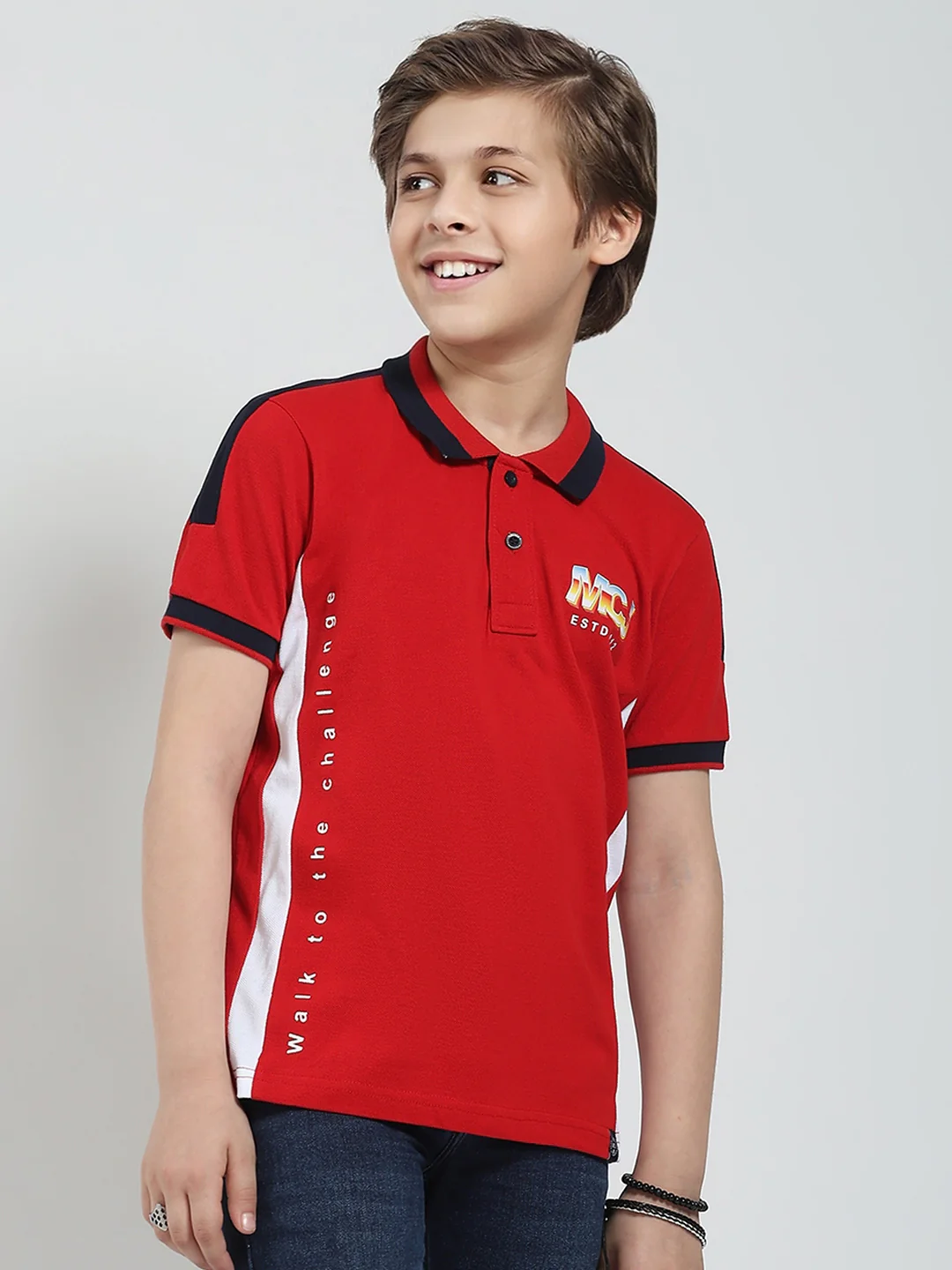 Boys Red Printed Collar Half Sleeve T-Shirt - Image 4