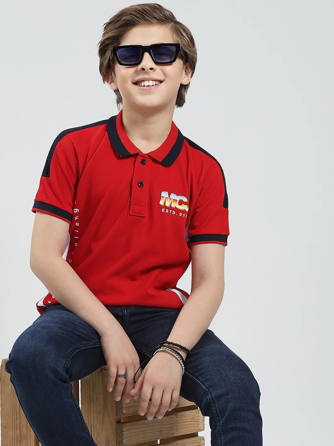 Boys Red Printed Collar Half Sleeve T-Shirt - Image 6