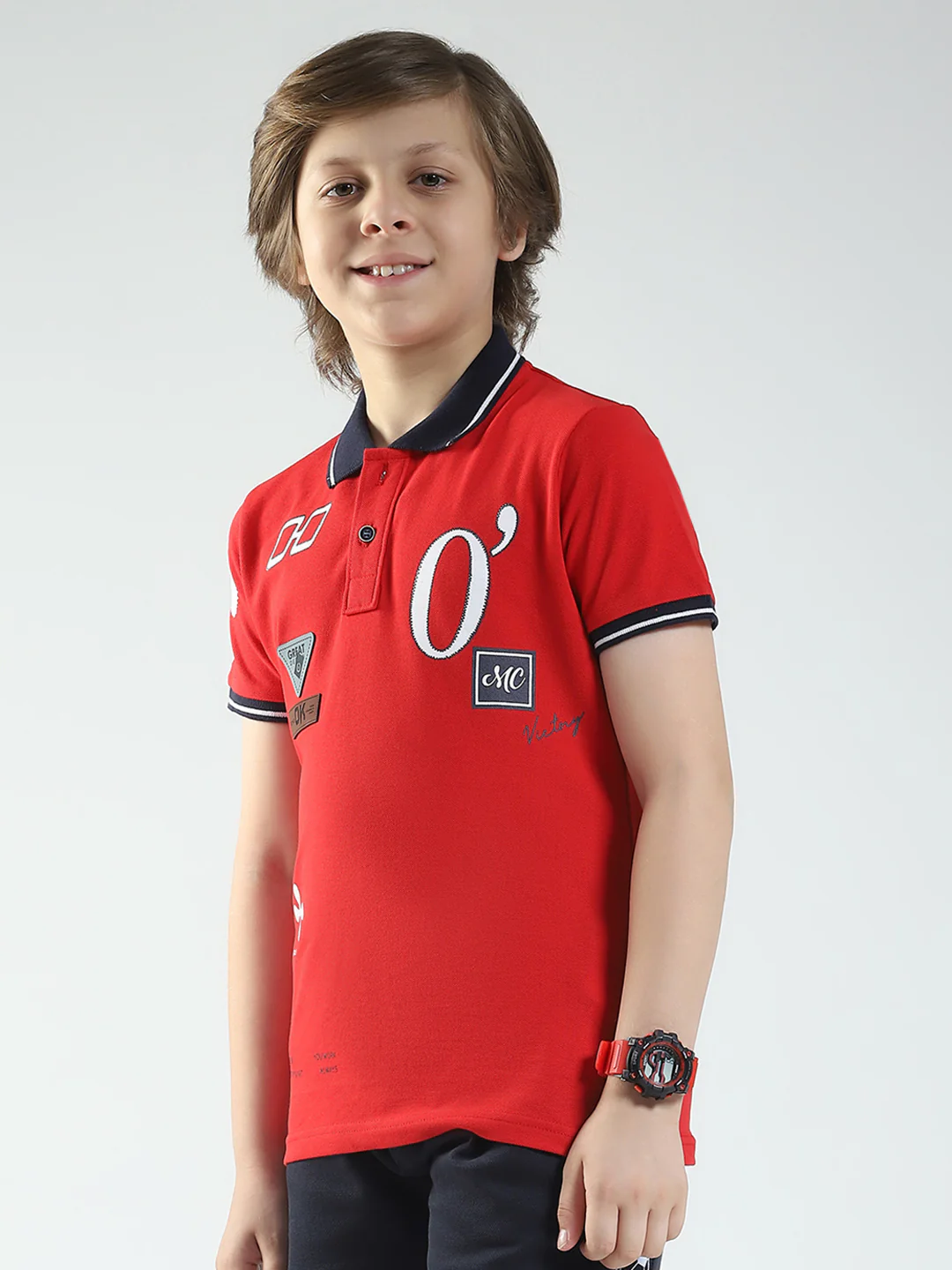 Boys Red Printed Collar Half Sleeve T-Shirt - Image 3