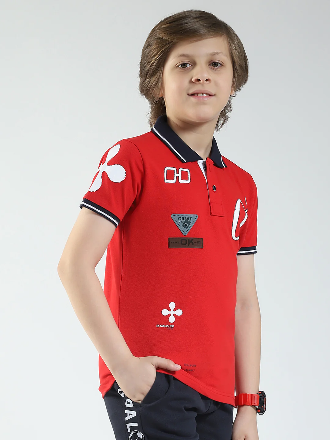 Boys Red Printed Collar Half Sleeve T-Shirt - Image 4