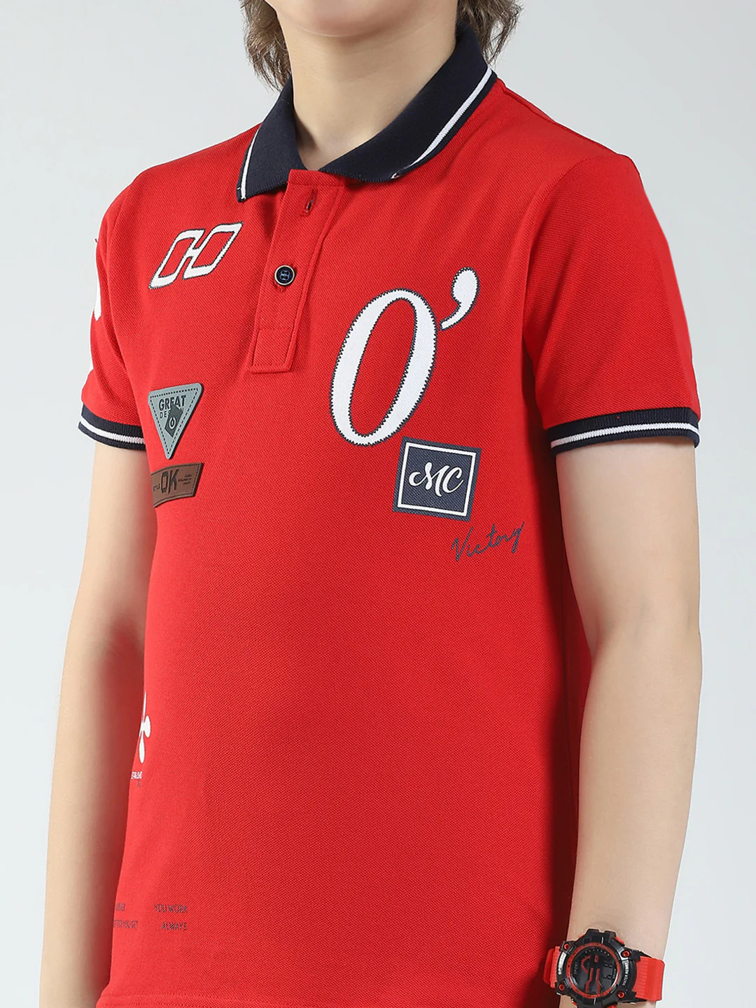 Boys Red Printed Collar Half Sleeve T-Shirt - Image 6