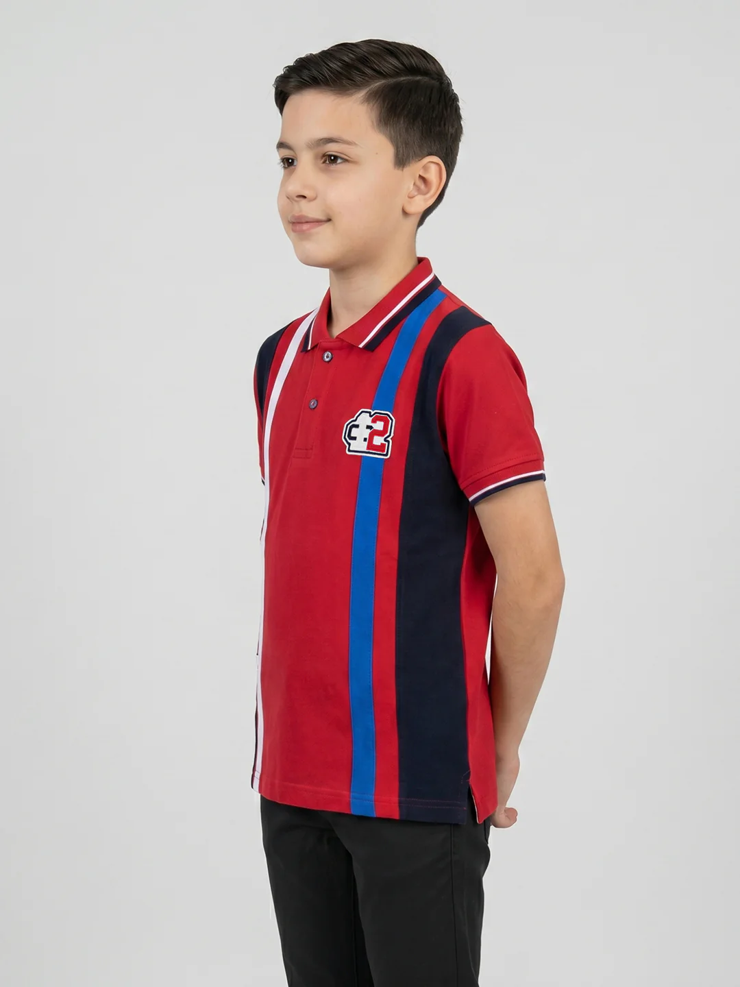 Boys Red Printed Collar Half Sleeve T-Shirt - Image 2