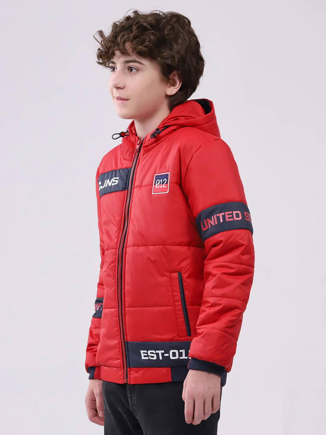 Boys Red Printed Hooded Full Sleeve Boys Jacket - Image 3