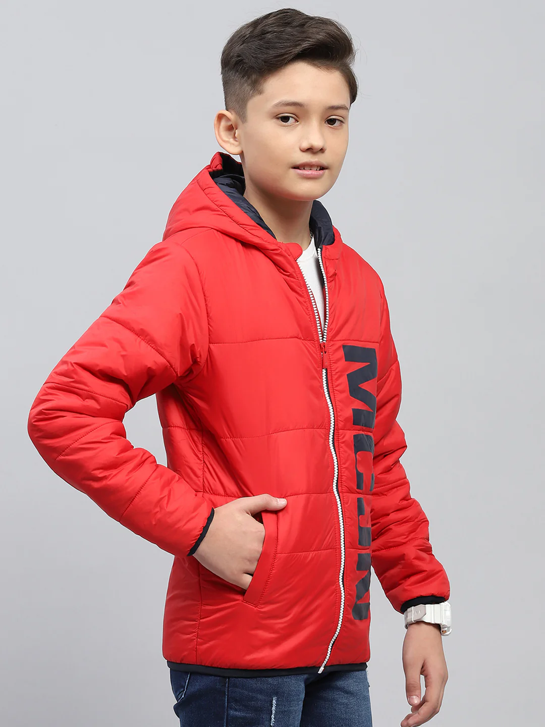 Boys Red Printed Hooded Full Sleeve Jacket - Image 4