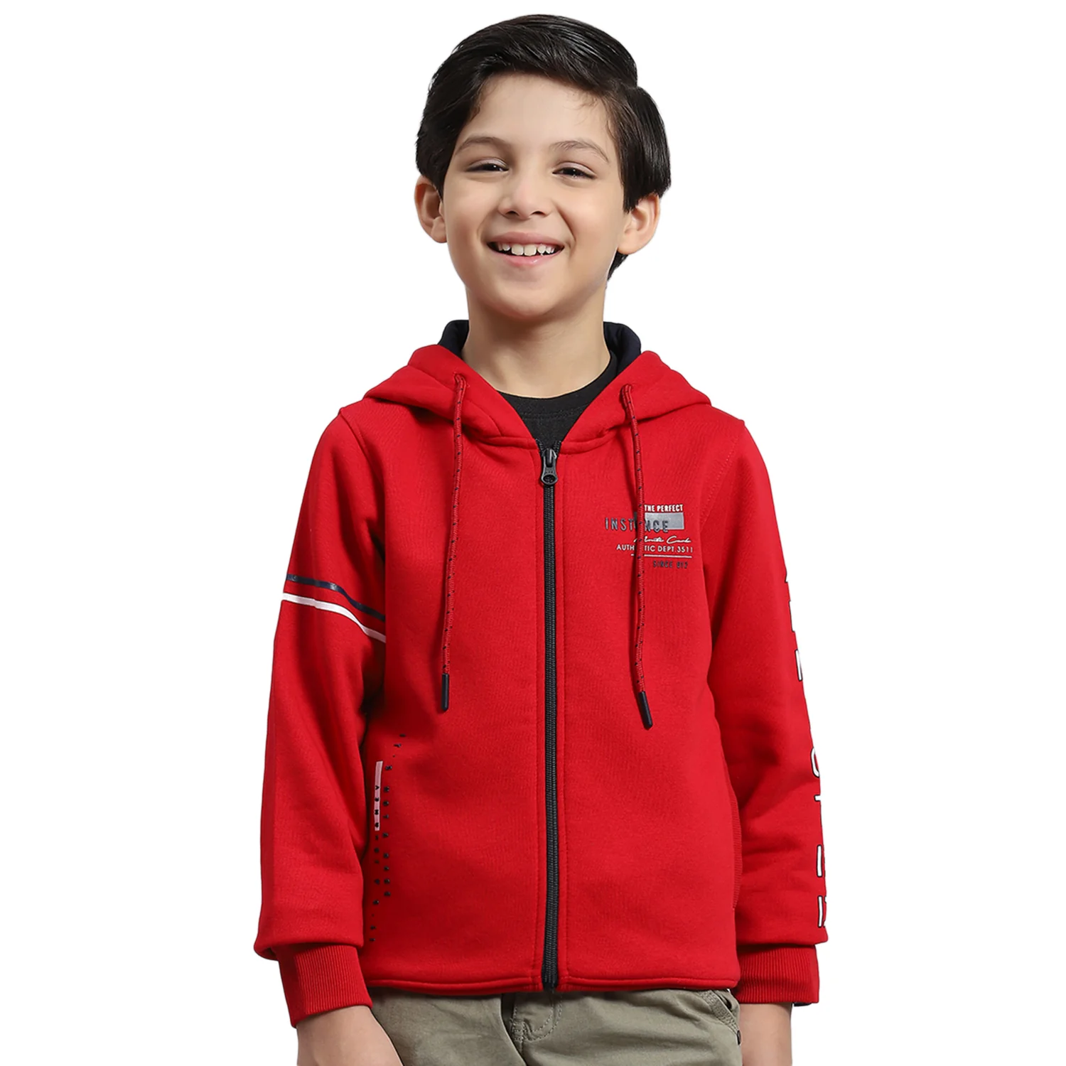 Boys Red Printed Hooded Full Sleeve Sweatshirt - Image 5
