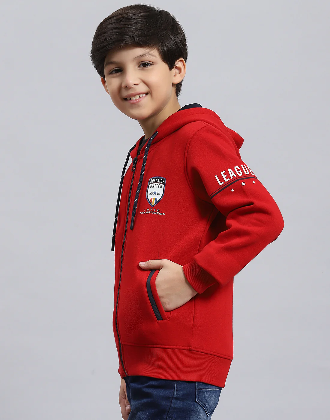 Boys Red Printed Hooded Full Sleeve Sweatshirt - Image 3