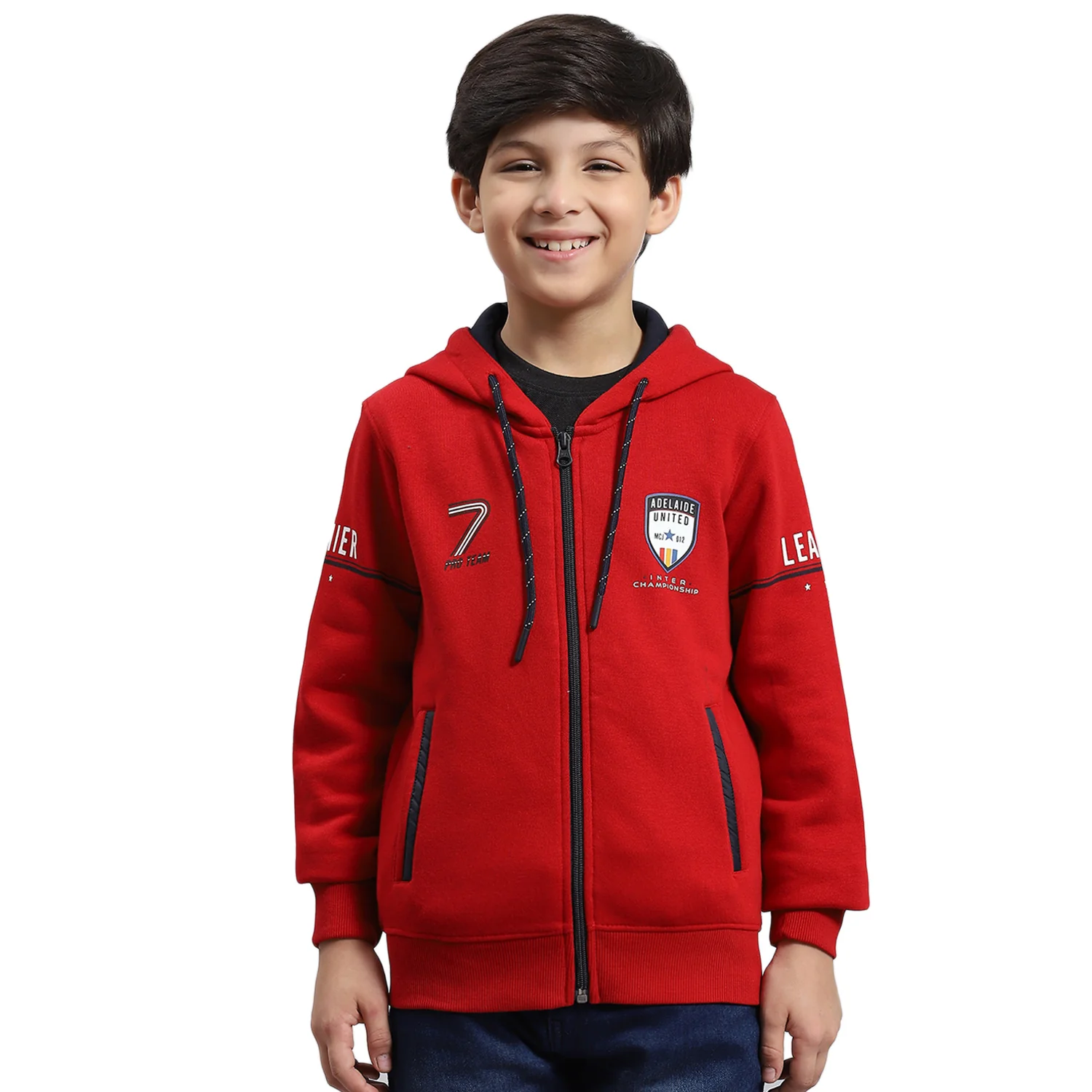 Boys Red Printed Hooded Full Sleeve Sweatshirt - Image 5
