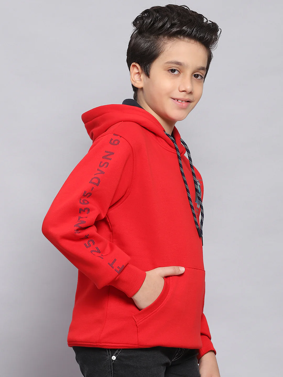 Boys Red Printed Hooded Full Sleeve Sweatshirt - Image 4