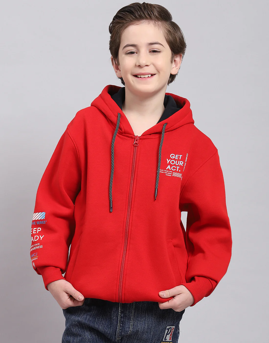 Boys Red Printed Hooded Full Sleeve Sweatshirt - Image 3