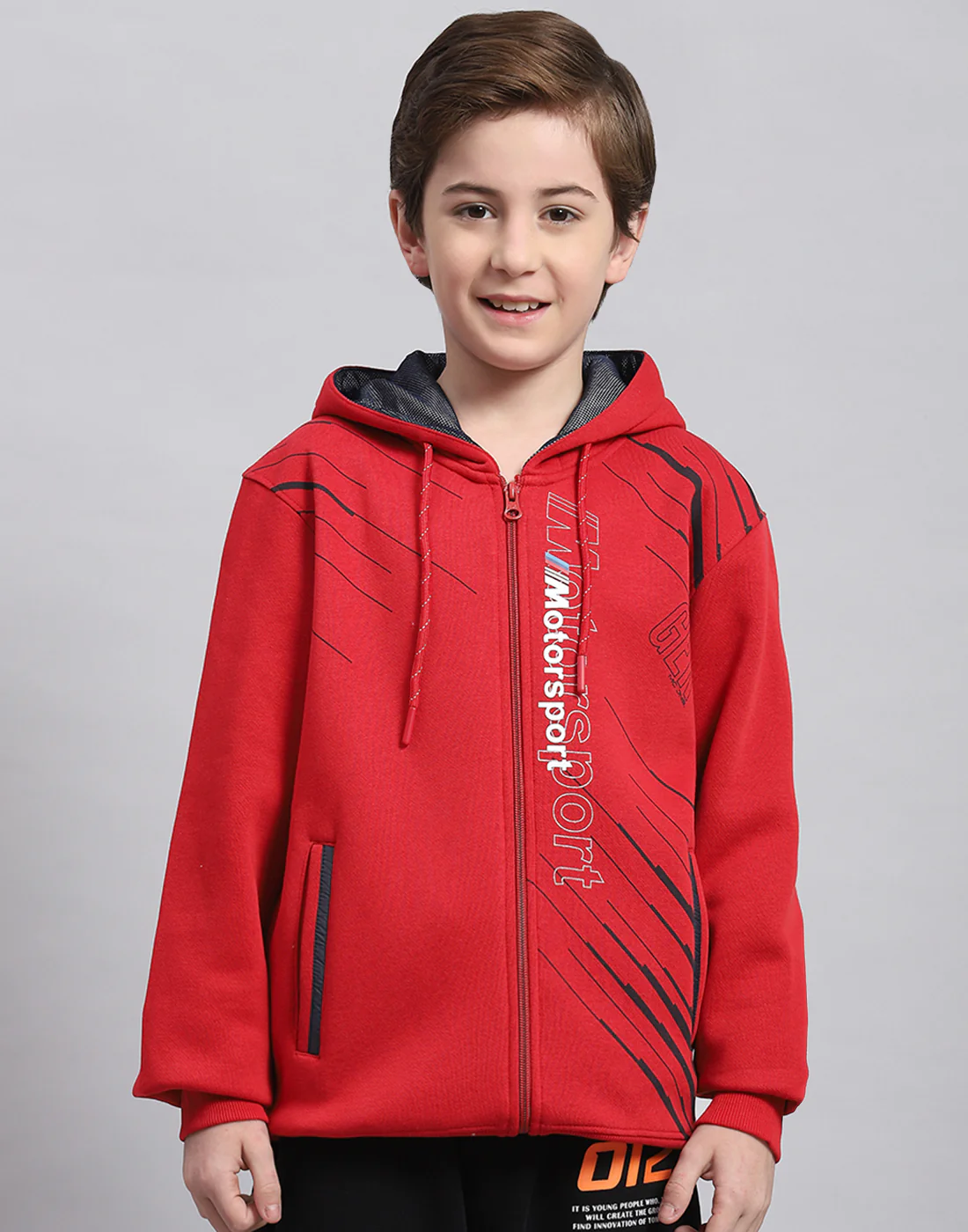 Boys Red Printed Hooded Full Sleeve Sweatshirt - Image 2