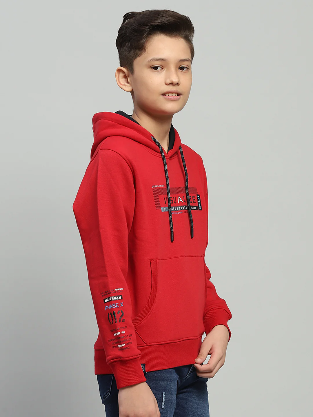 Boys Red Printed Hooded Full Sleeve Sweatshirt - Image 4