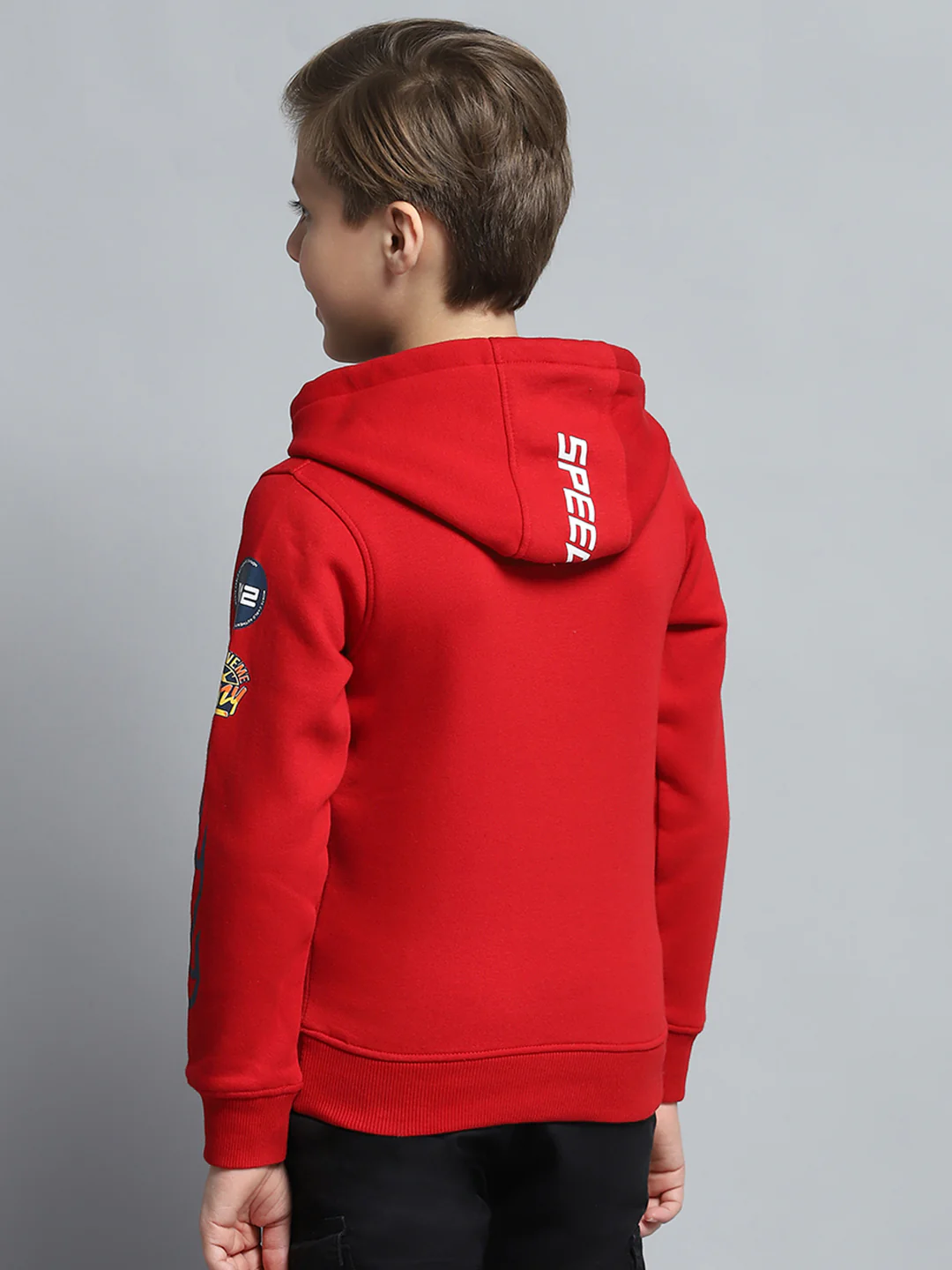 Boys Red Printed Hooded Full Sleeve Sweatshirt - Image 5
