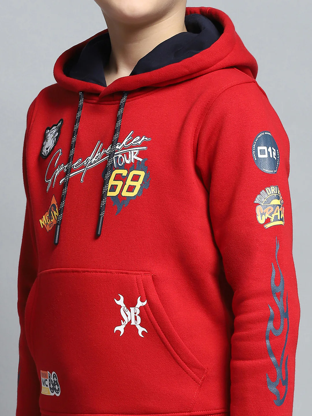 Boys Red Printed Hooded Full Sleeve Sweatshirt - Image 7