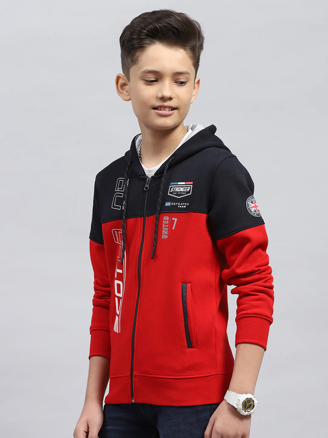 Boys Red Printed Hooded Full Sleeve Sweatshirt - Image 3
