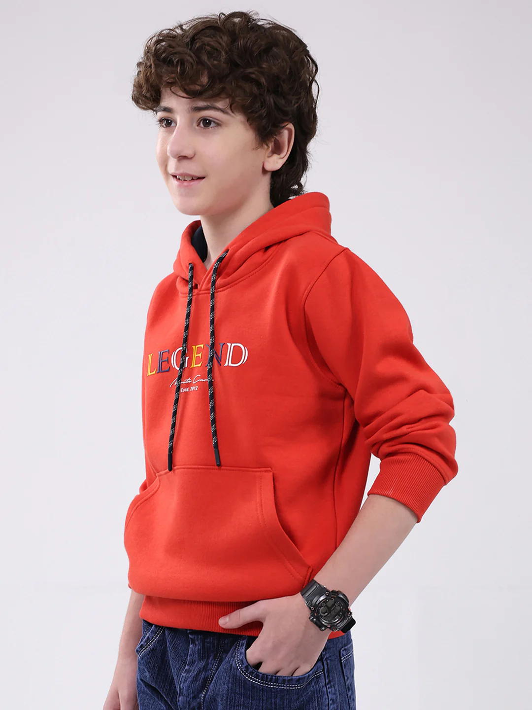 Boys Red Printed Hooded Full Sleeve Sweatshirt - Image 3