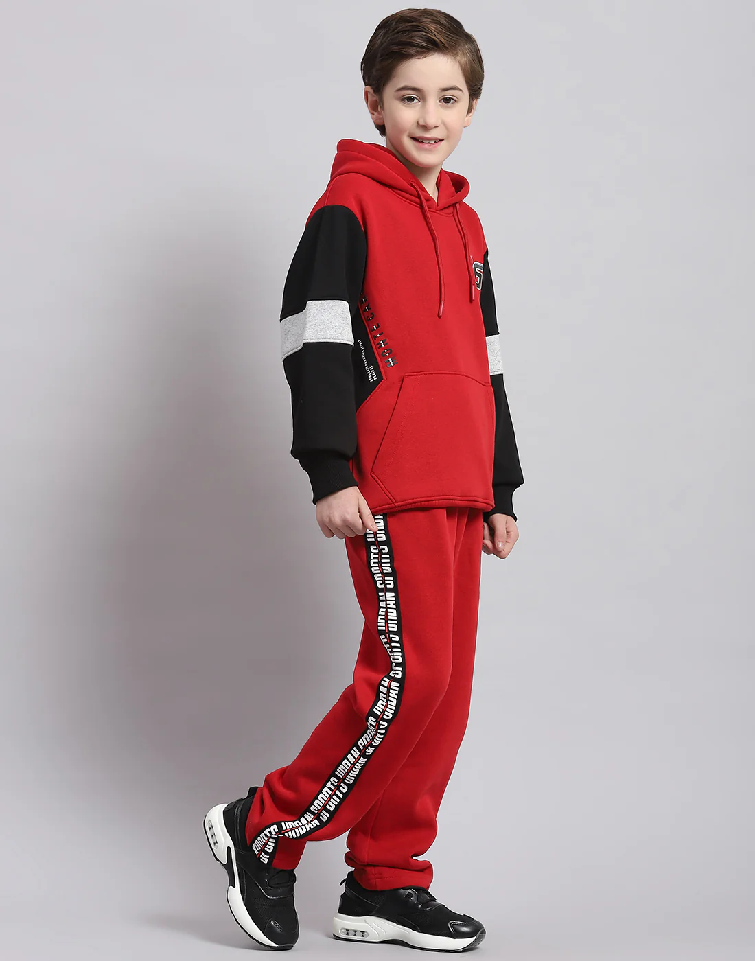 Boys Red Printed Hooded Full Sleeve Tracksuit - Image 4