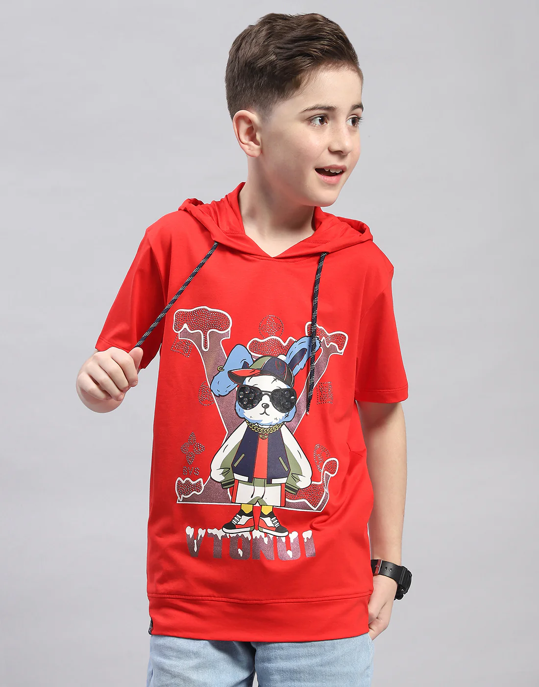 Boys Red Printed Hooded Half Sleeve T-Shirt - Image 2