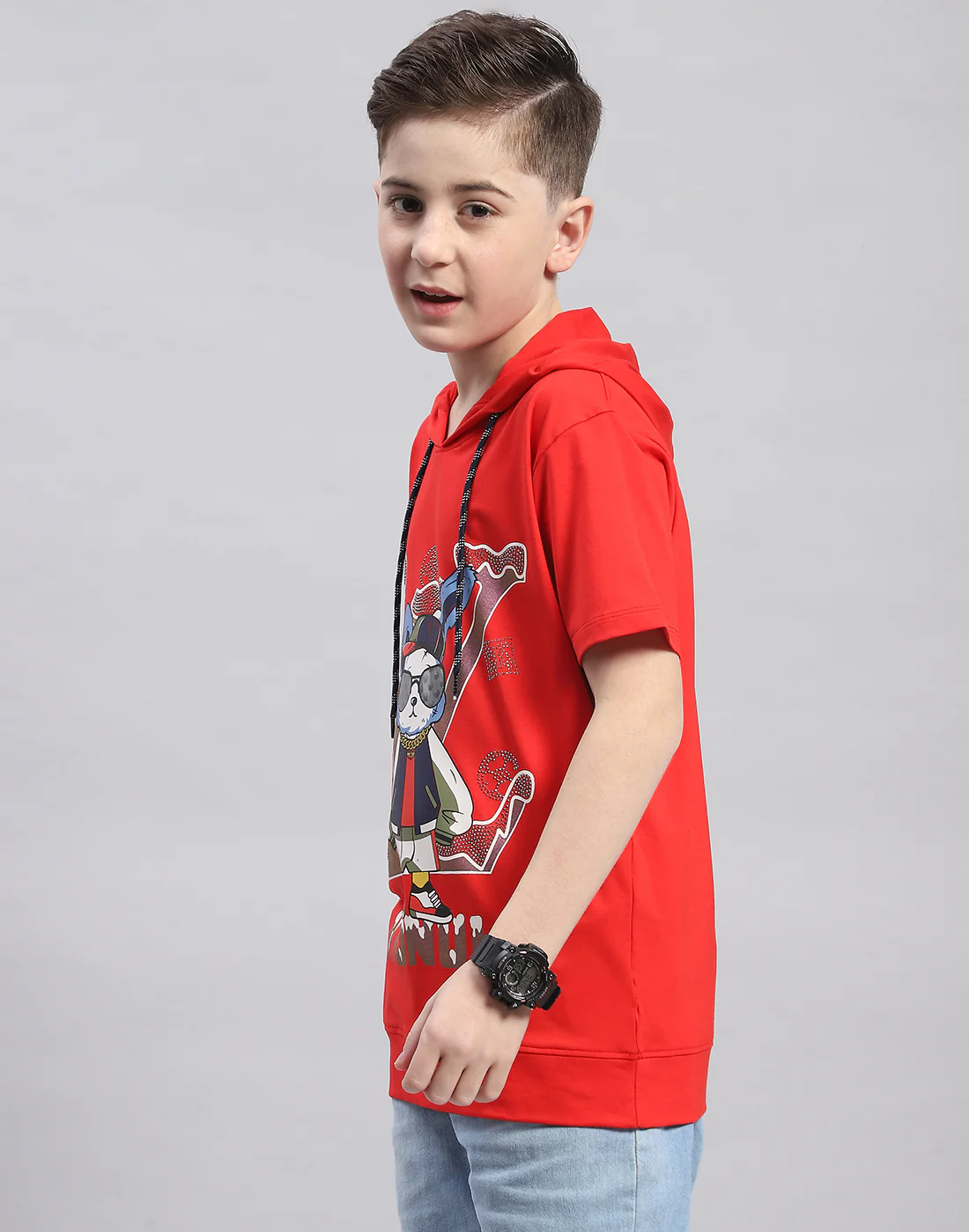 Boys Red Printed Hooded Half Sleeve T-Shirt - Image 3