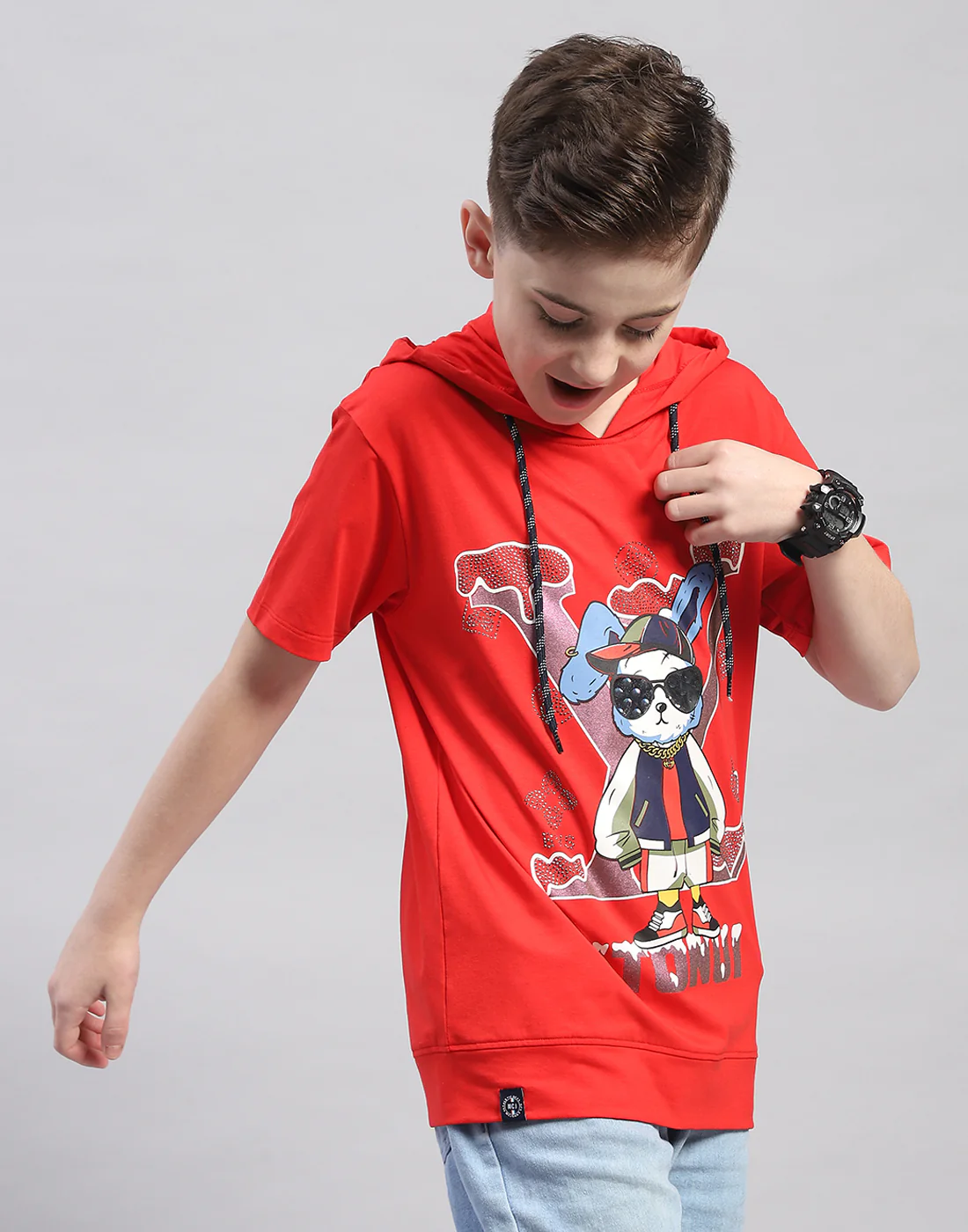 Boys Red Printed Hooded Half Sleeve T-Shirt - Image 4