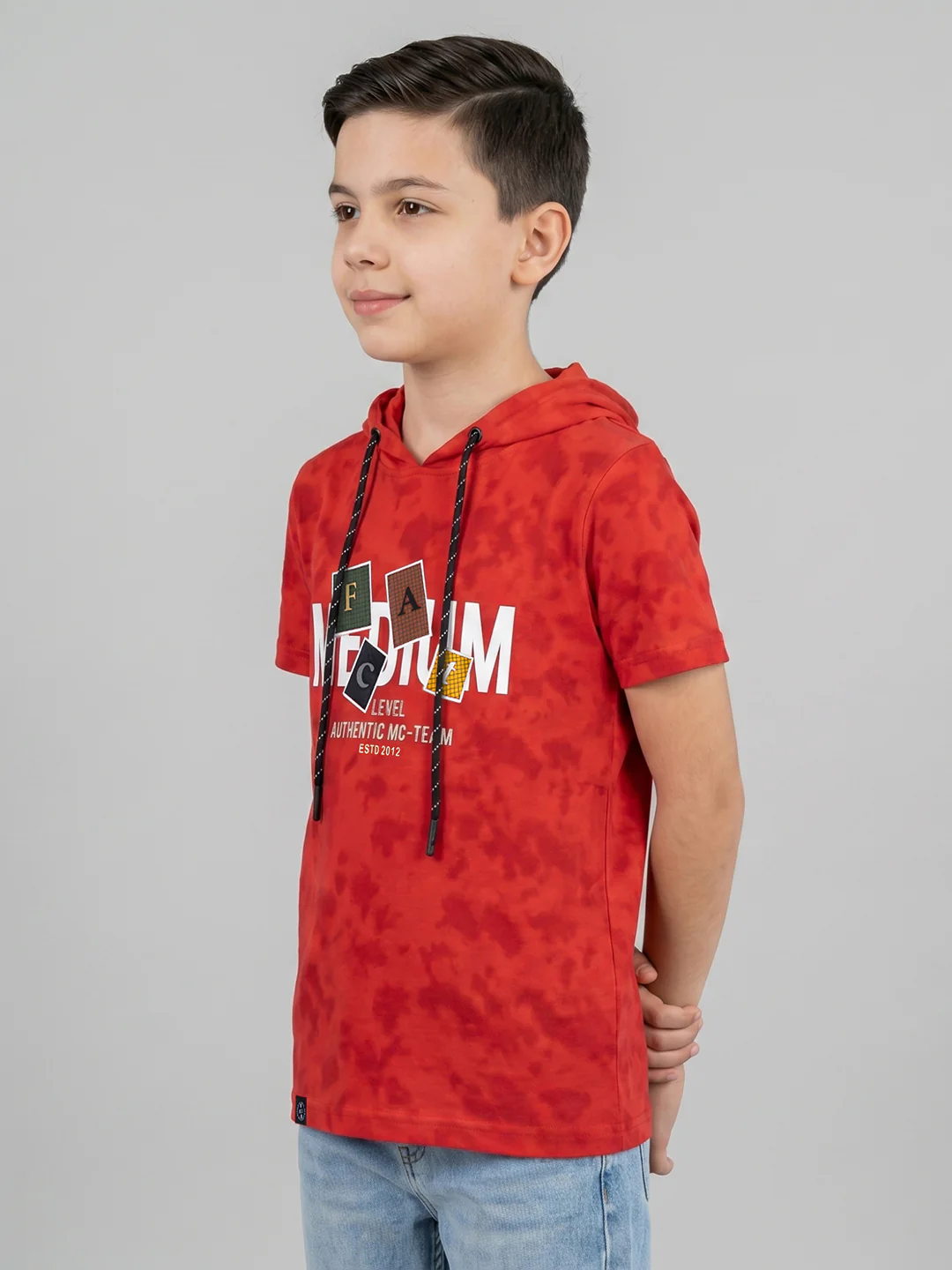 Boys Red Printed Hooded Half Sleeve T-Shirt - Image 3