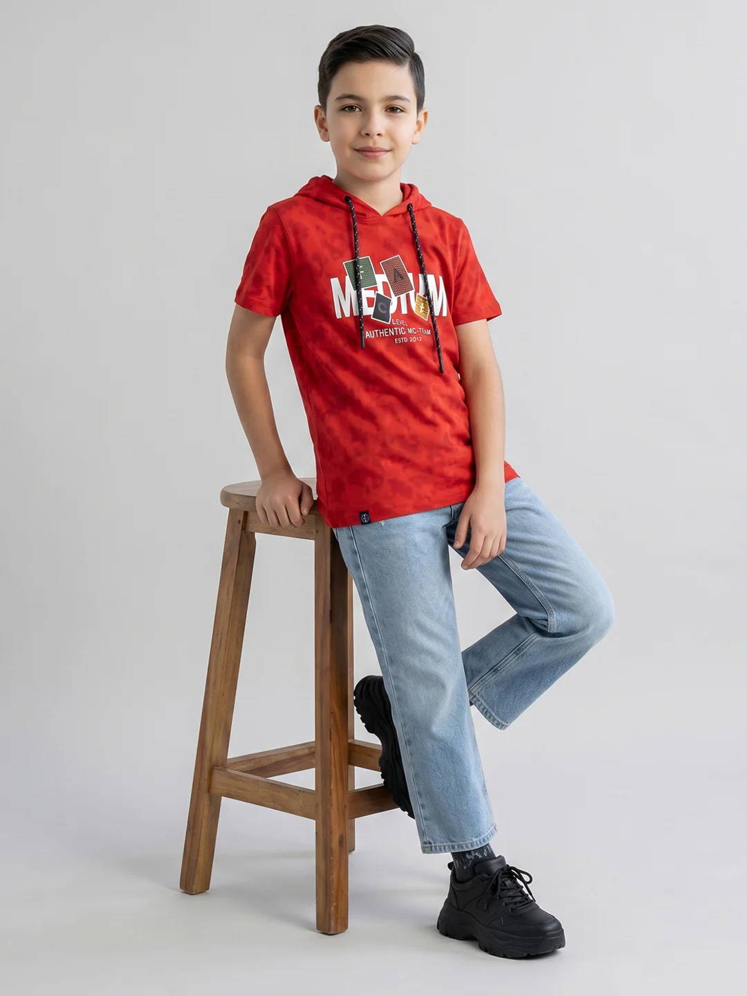 Boys Red Printed Hooded Half Sleeve T-Shirt - Image 5