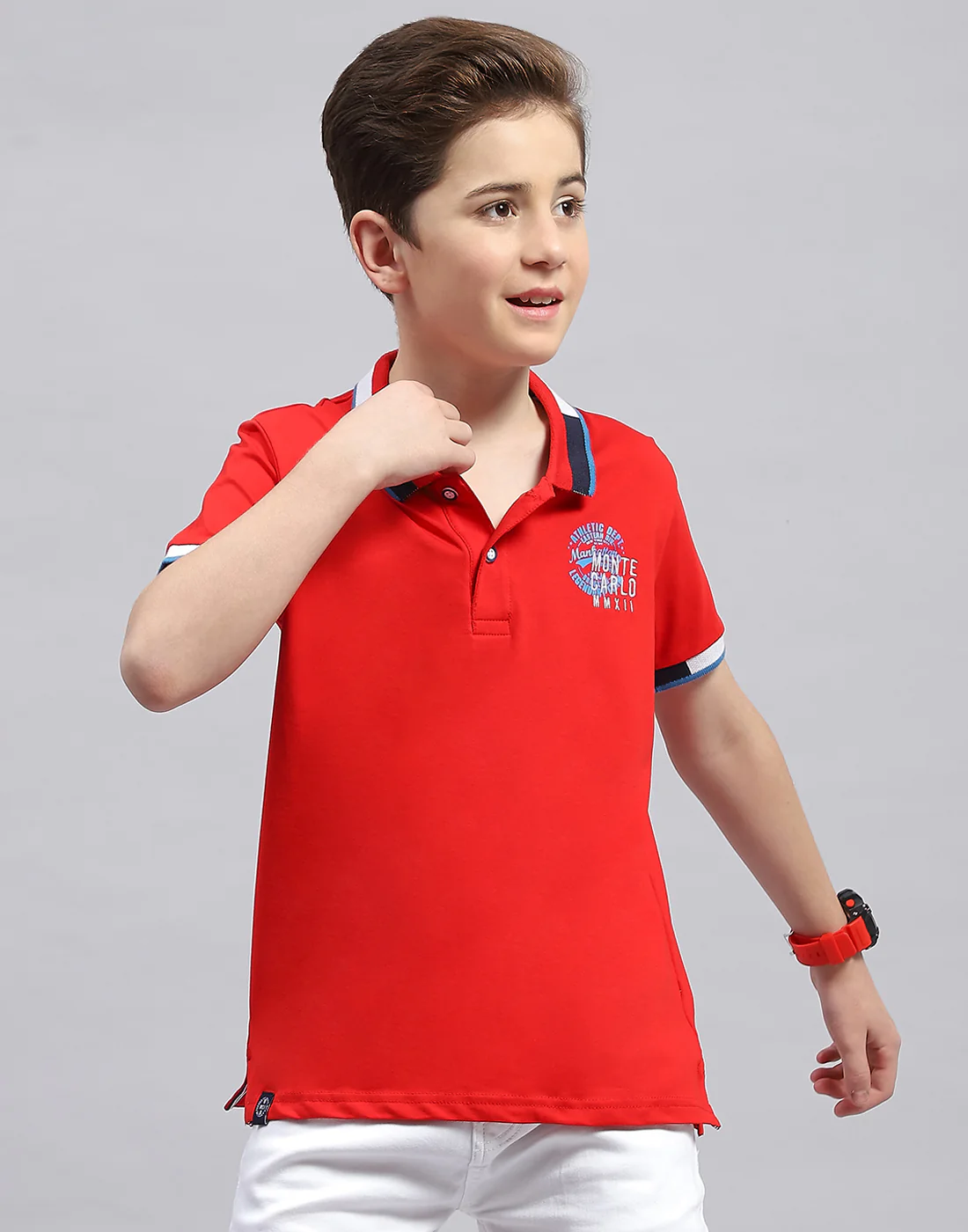 Boys Red Printed Polo Collar Half Sleeve T-Shirt - Image 2