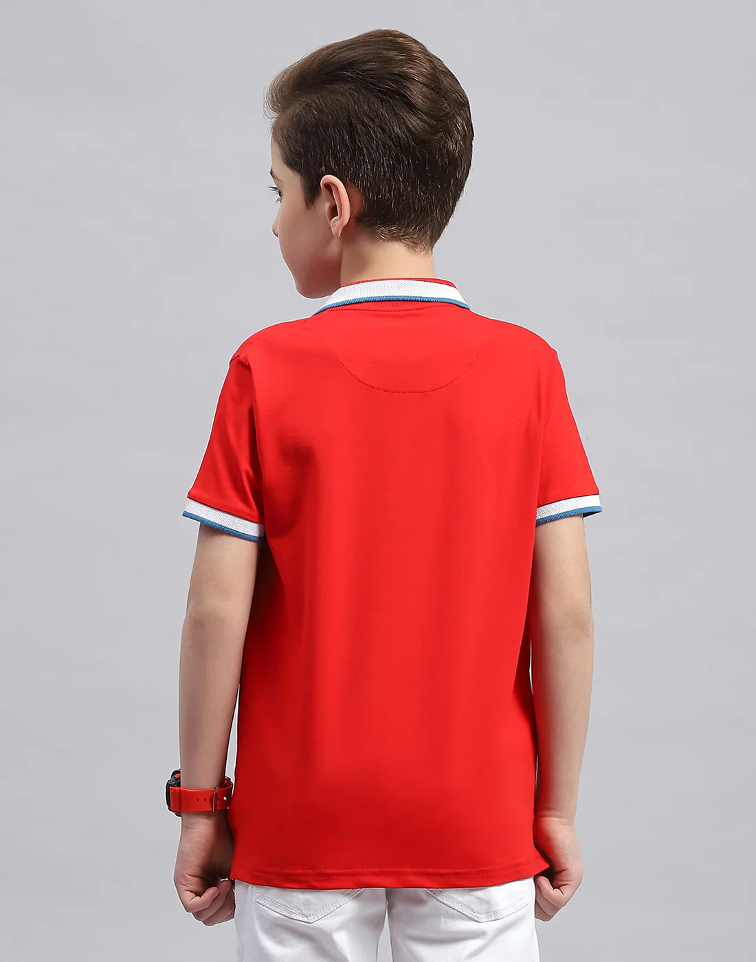 Boys Red Printed Polo Collar Half Sleeve T-Shirt - Image 5